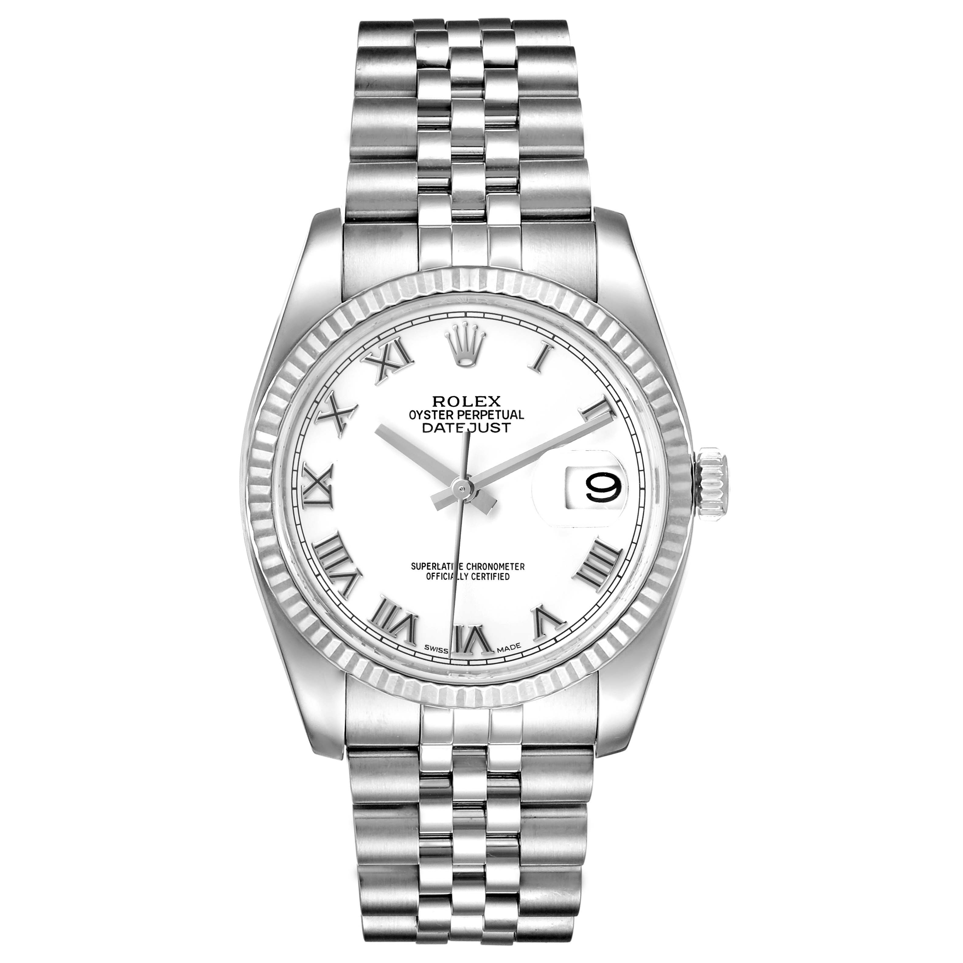 This image shows a front view of the Rolex Datejust 116234 Men
s Stainless Steel White Dial 116234 Men
s Stainless Steel White Dial watch, highlighting its dial, bezel, bracelet, and date window.