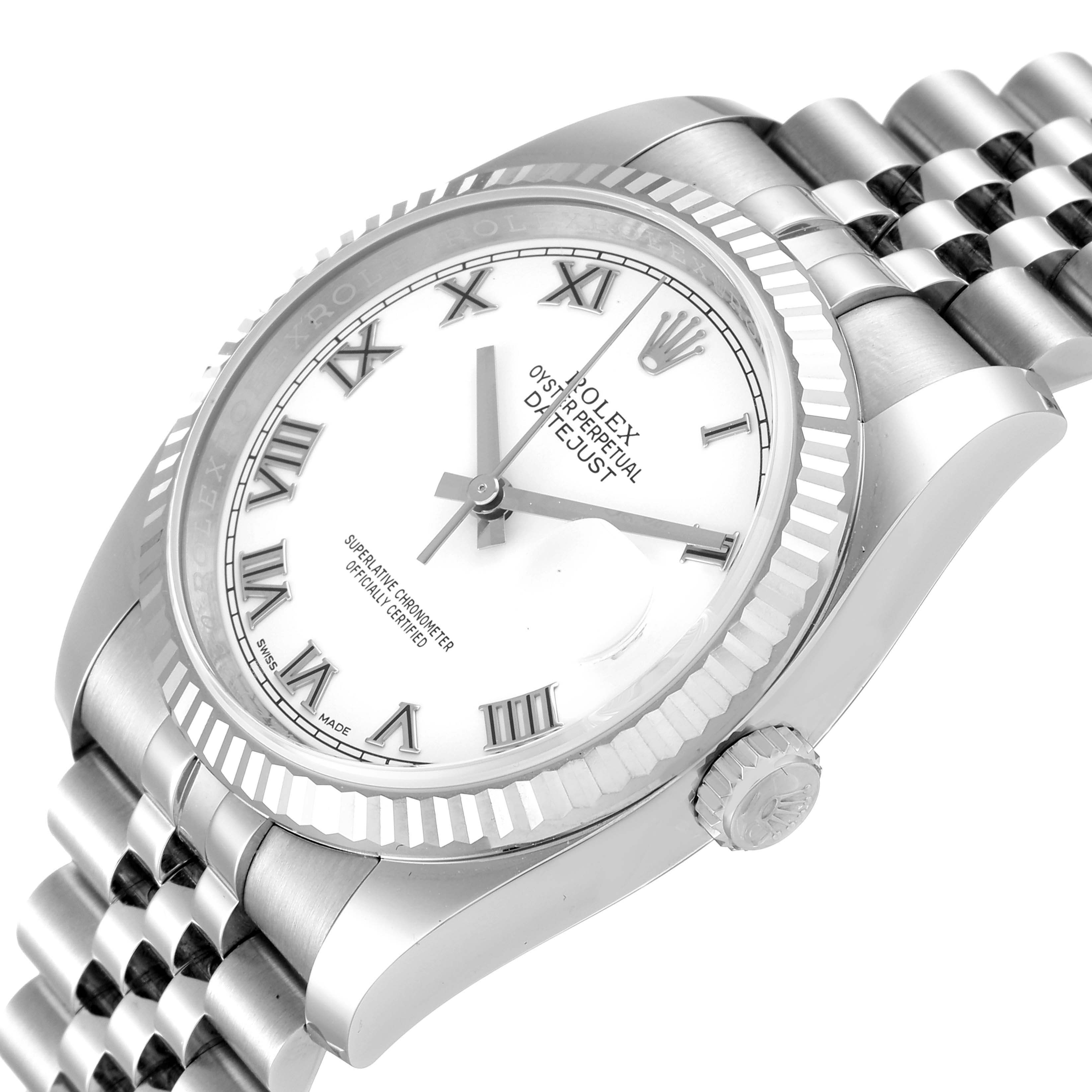 The image shows a Rolex Datejust 116234 Men
s Stainless Steel White Dial 116234 Men
s Stainless Steel White Dial watch angled from the front and side, displaying the face, bezel, crown, and part of the bracelet.