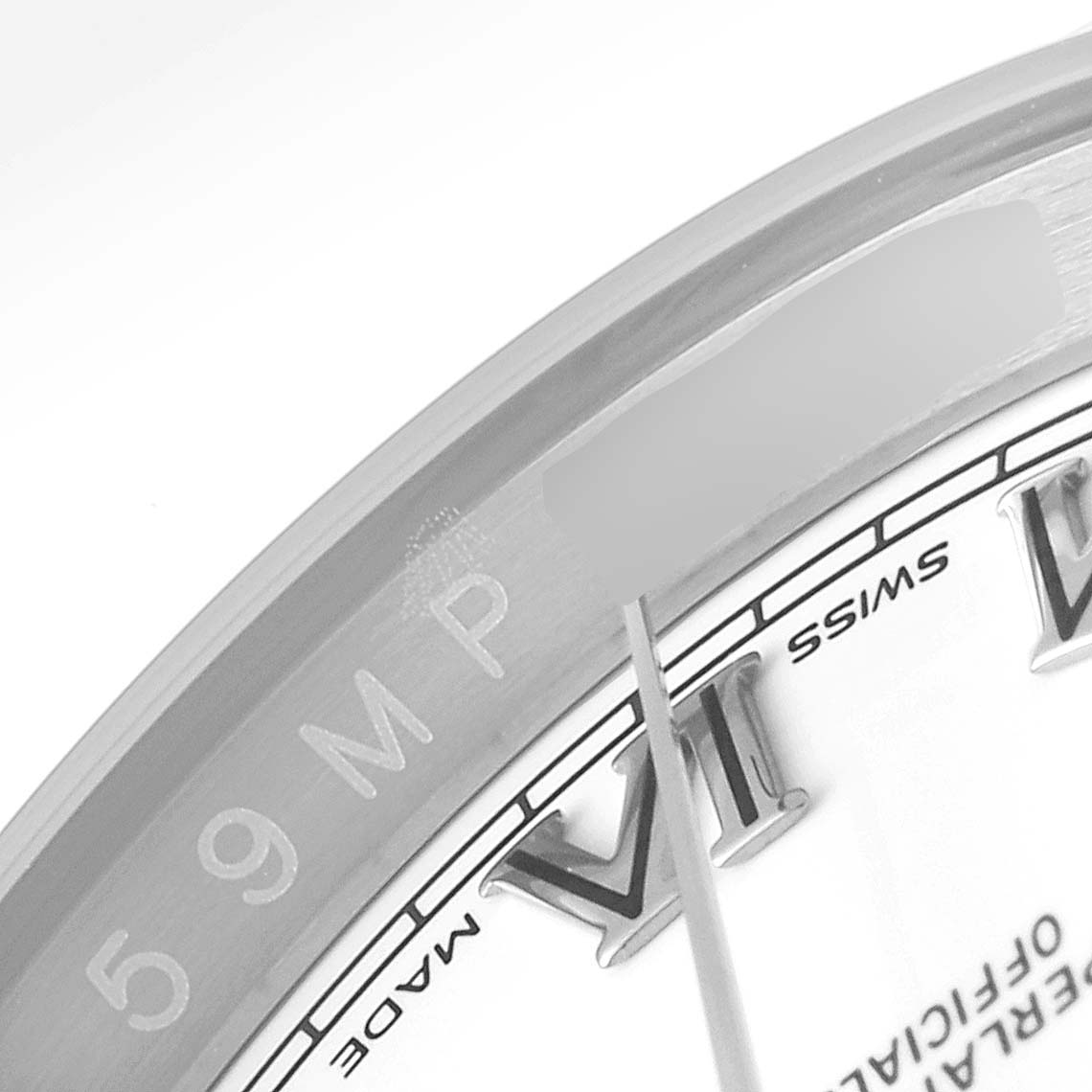The image shows a close-up of the dial and bezel of a Rolex Datejust 116234 Men
s Stainless Steel White Dial 116234 Men
s Stainless Steel White Dial watch, highlighting the "MADE," "SWISS," and Roman numeral VI.