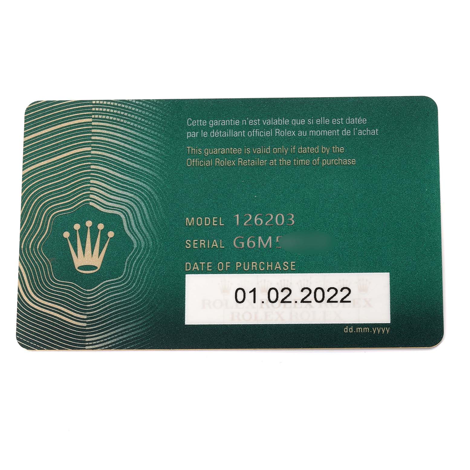 The image shows the warranty card for the Rolex Datejust 126203 Men's Steel and Gold (two tone) Champagne Dial 126203 Men's Steel and Gold (two tone) Champagne Dial model 126203, purchased on 01.02.2022.