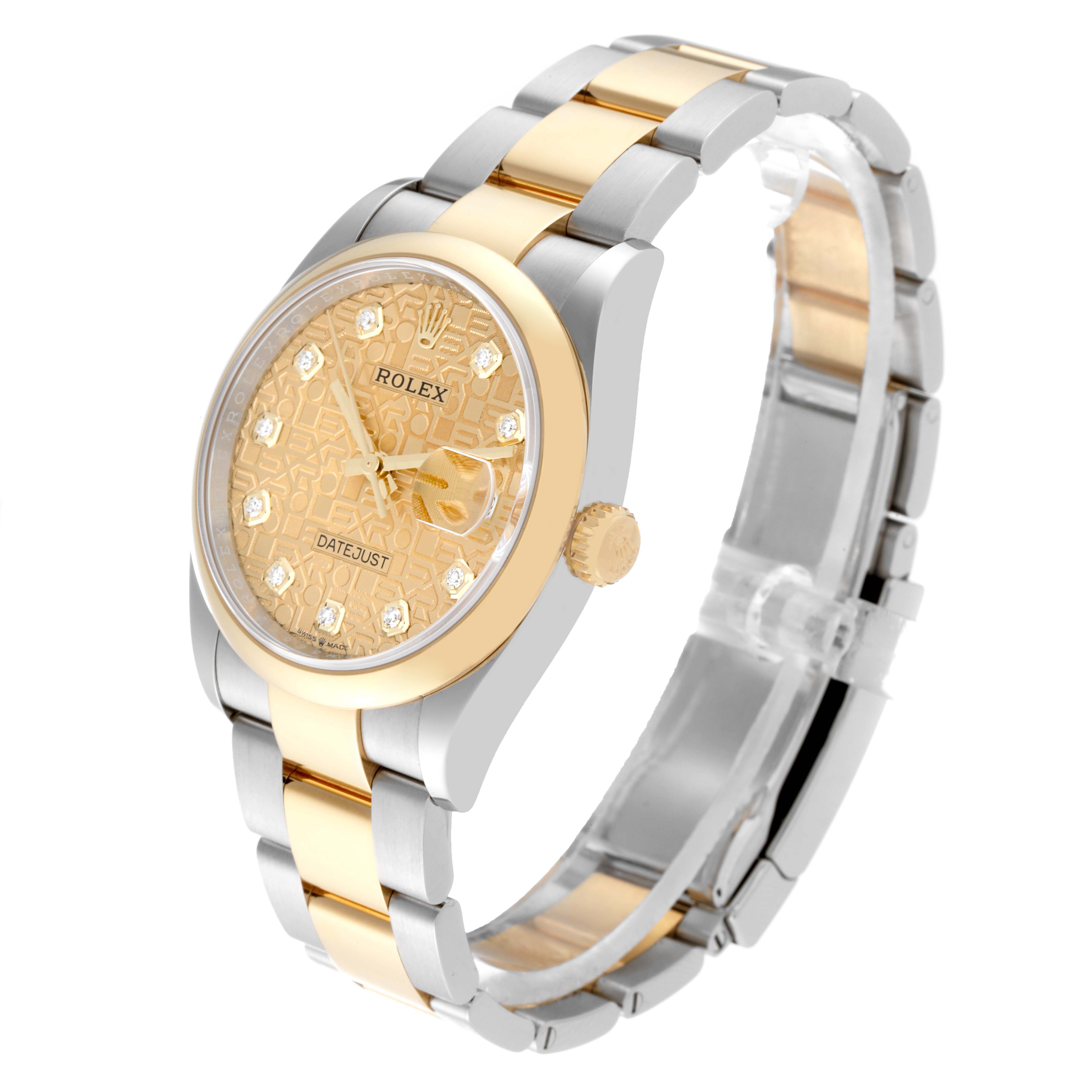 The Rolex Datejust 126203 Men's Steel and Gold (two tone) Champagne Dial 126203 Men's Steel and Gold (two tone) Champagne Dial watch is shown at a three-quarter angle, displaying the face, crown, and bracelet.