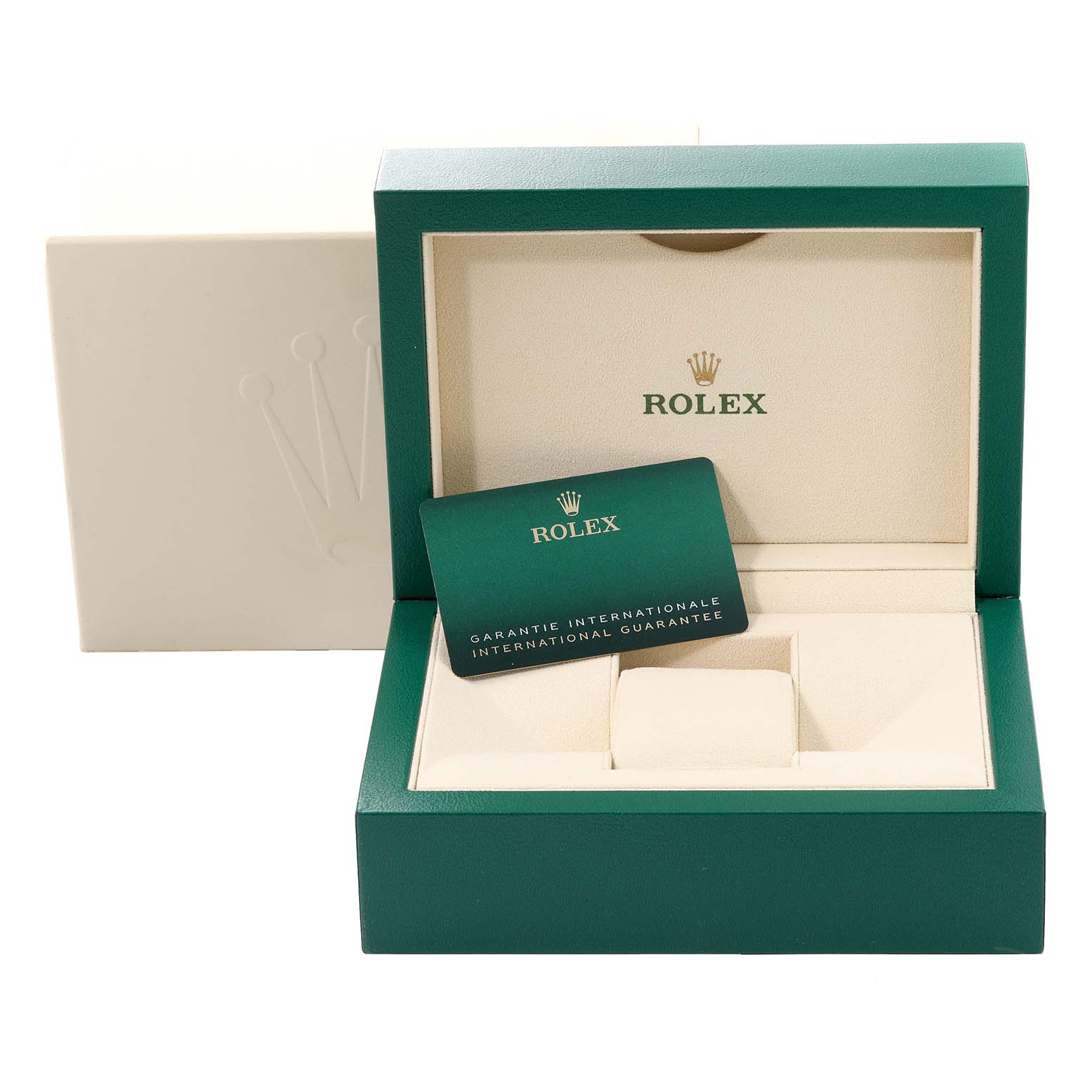 The image shows a Rolex Datejust 126203 Men's Steel and Gold (two tone) Champagne Dial 126203 Men's Steel and Gold (two tone) Champagne Dial watch box and guarantee card, open at a front angle.