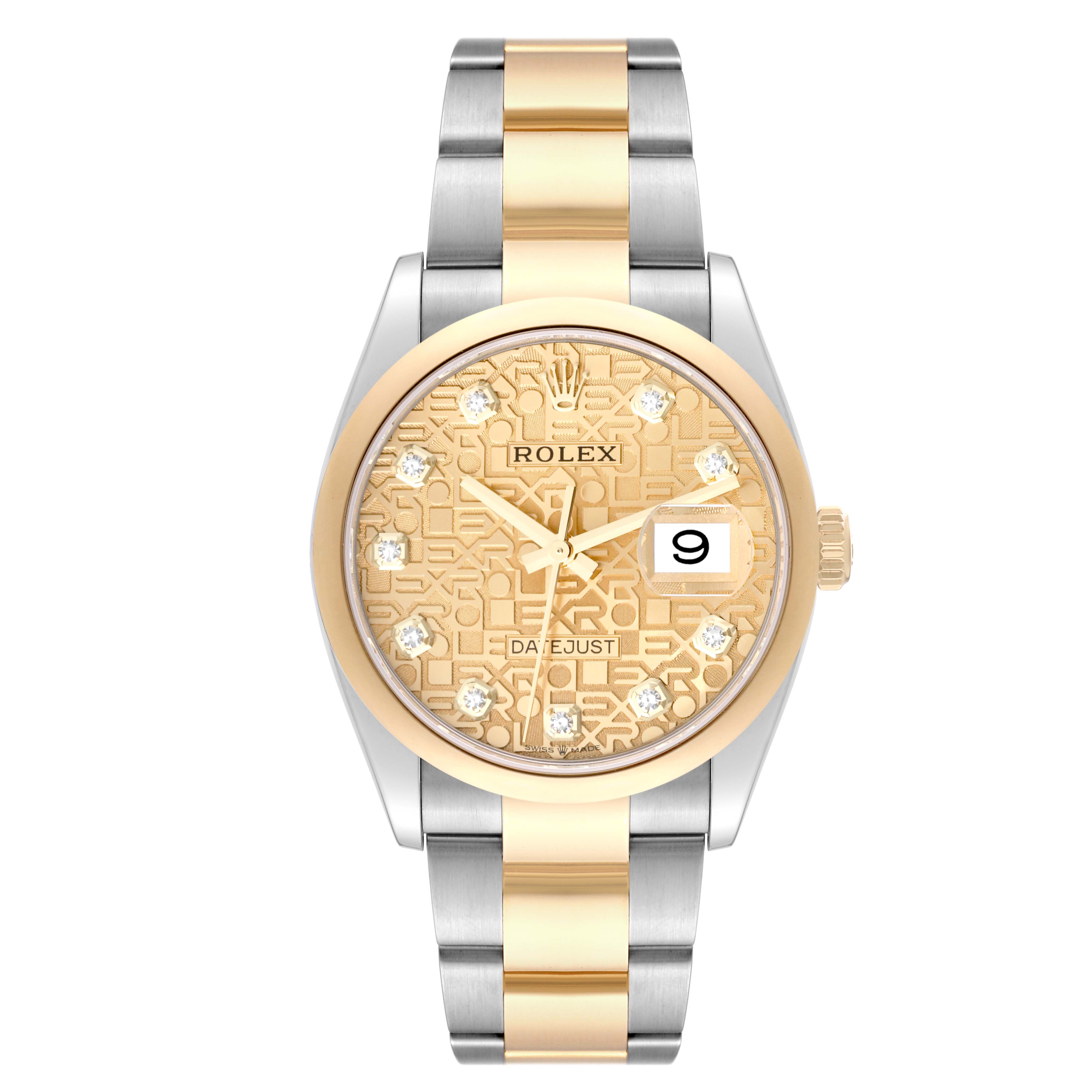 The Rolex Datejust 126203 Men's Steel and Gold (two tone) Champagne Dial 126203 Men's Steel and Gold (two tone) Champagne Dial watch is shown from a top view, showcasing its gold-tone dial, bezel, and two-tone bracelet.