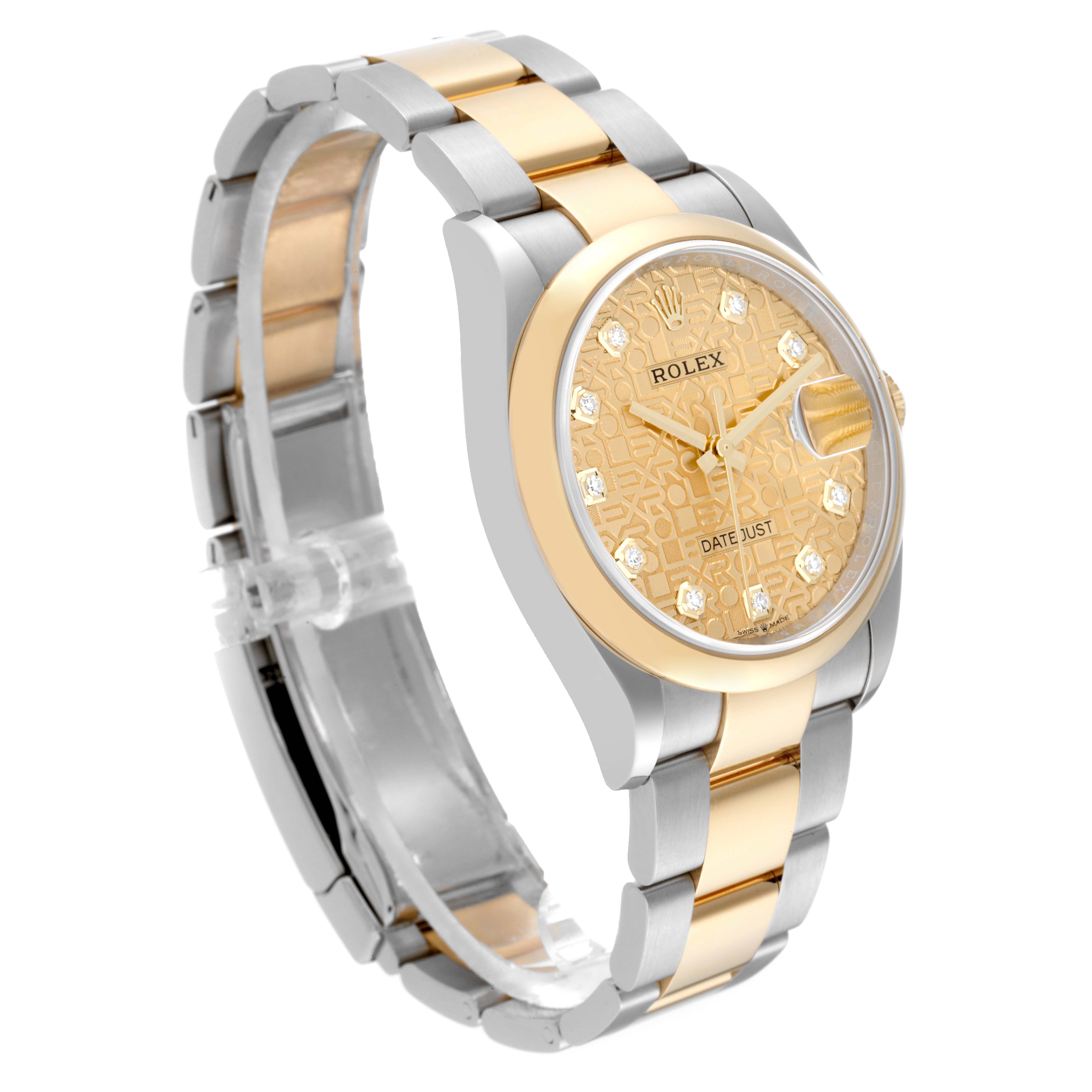 This image shows a Rolex Datejust 126203 Men's Steel and Gold (two tone) Champagne Dial 126203 Men's Steel and Gold (two tone) Champagne Dial watch at a three-quarter angle, highlighting the dial, bezel, bracelet, and crown.