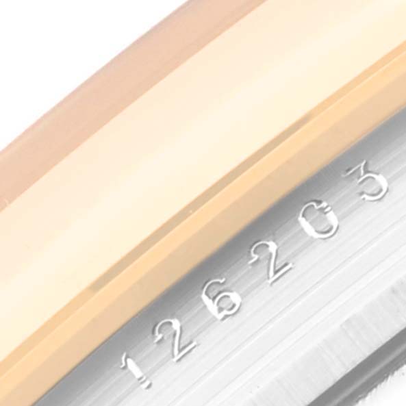 This image shows a close-up angle of the model number engraving on the side of a Rolex Datejust 126203 Men's Steel and Gold (two tone) Champagne Dial 126203 Men's Steel and Gold (two tone) Champagne Dial watch.