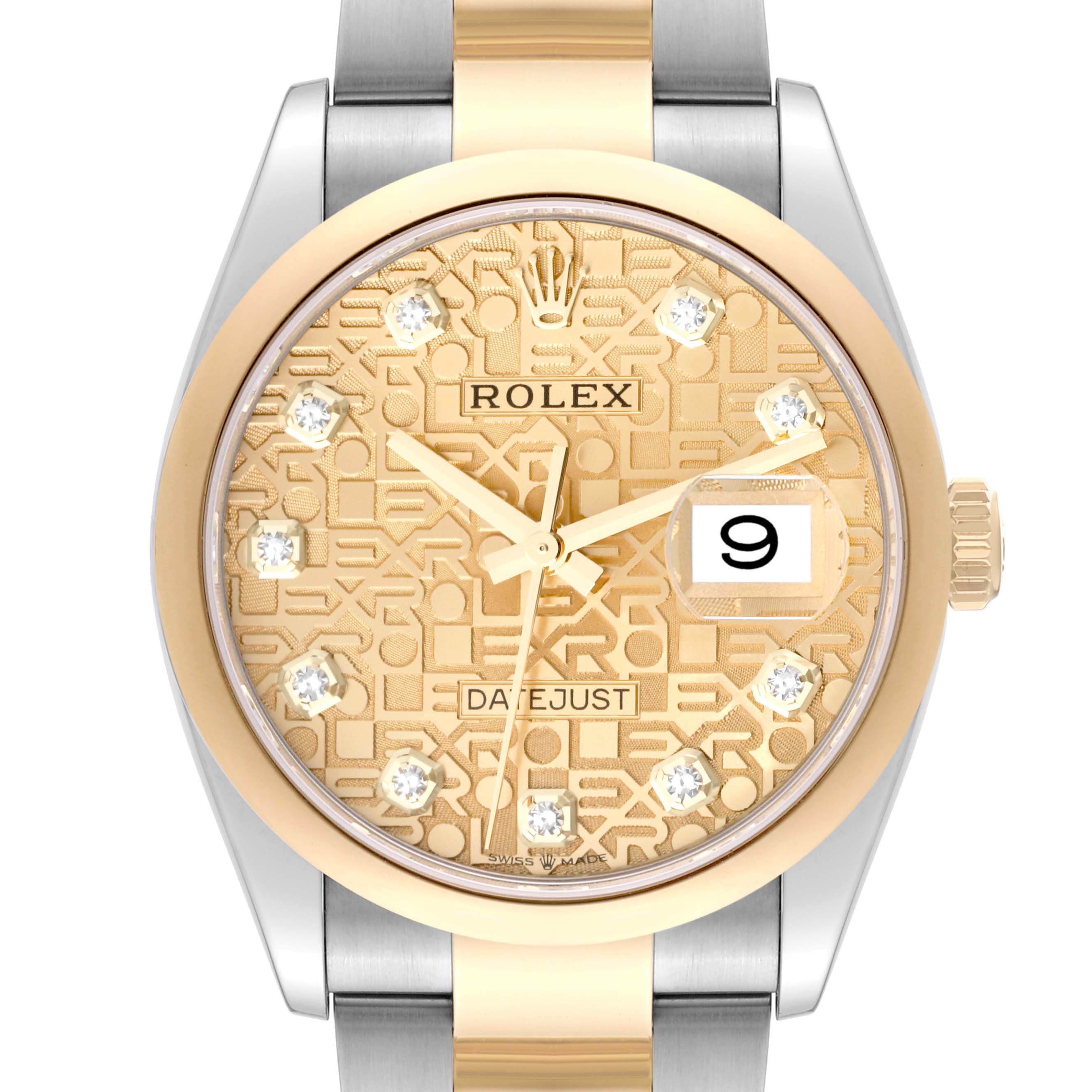 This Rolex Datejust 126203 Men's Steel and Gold (two tone) Champagne Dial 126203 Men's Steel and Gold (two tone) Champagne Dial watch is shown from the front, highlighting its patterned gold dial, date window, and two-tone bracelet.