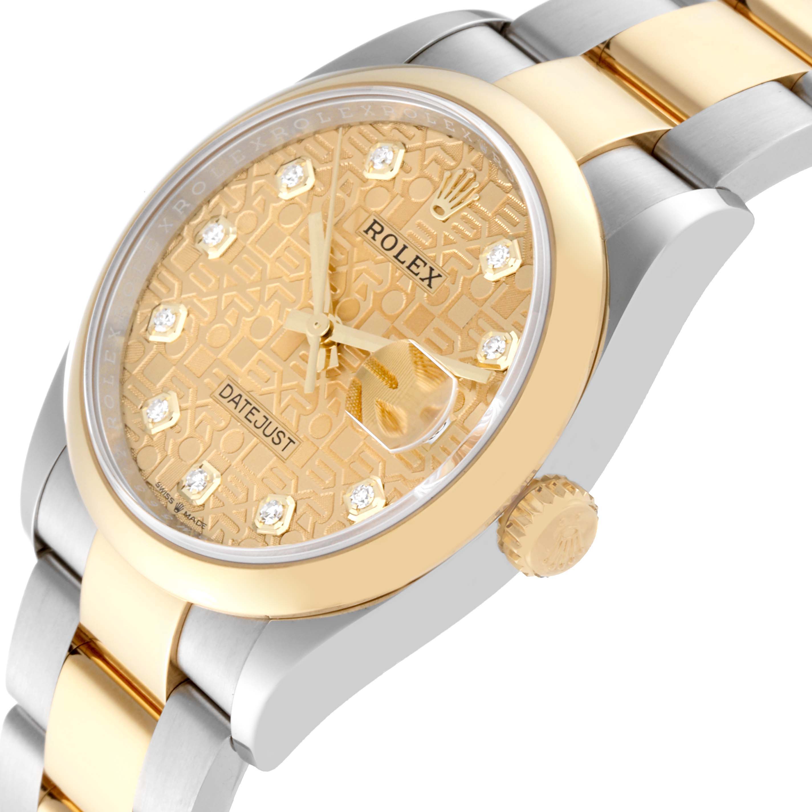 The image shows a close-up side angle of the Rolex Datejust 126203 Men's Steel and Gold (two tone) Champagne Dial 126203 Men's Steel and Gold (two tone) Champagne Dial watch, highlighting its gold bezel, face, and two-tone bracelet.