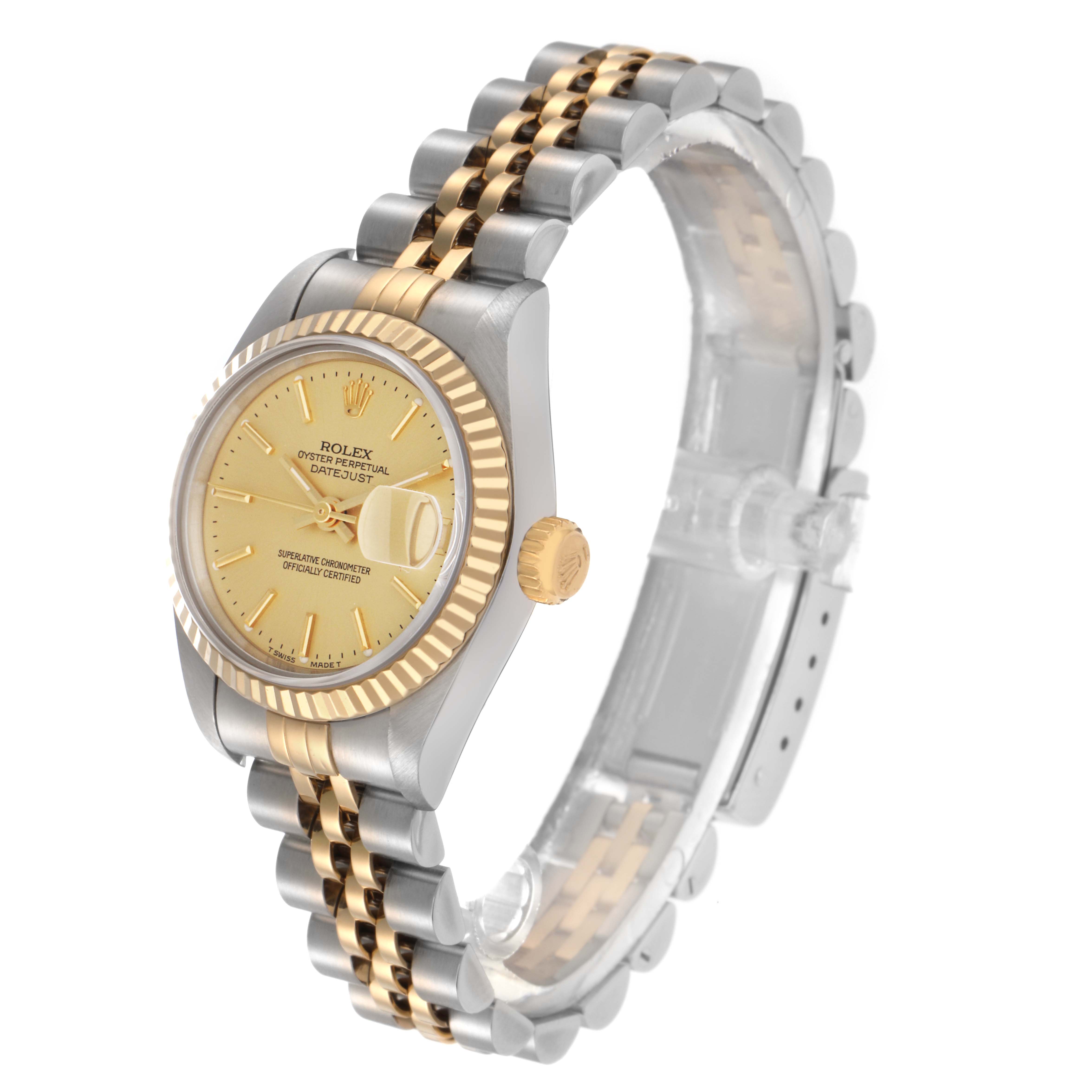 The Rolex Datejust 69173 Women
s Steel and Gold (two tone) Champagne Dial 69173 Women
s Steel and Gold (two tone) Champagne Dial watch is shown at a three-quarter angle, highlighting the case, bezel, dial, crown, and bracelet.