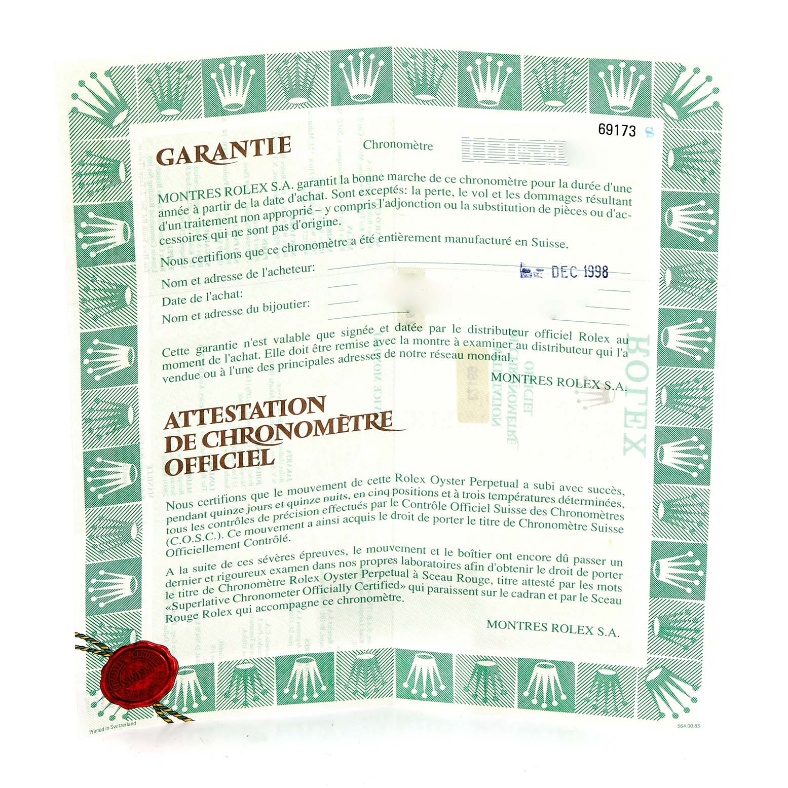 This image shows a warranty certificate for a Rolex Datejust 69173 Women
s Steel and Gold (two tone) Champagne Dial 69173 Women
s Steel and Gold (two tone) Champagne Dial watch, featuring branded design elements and text.