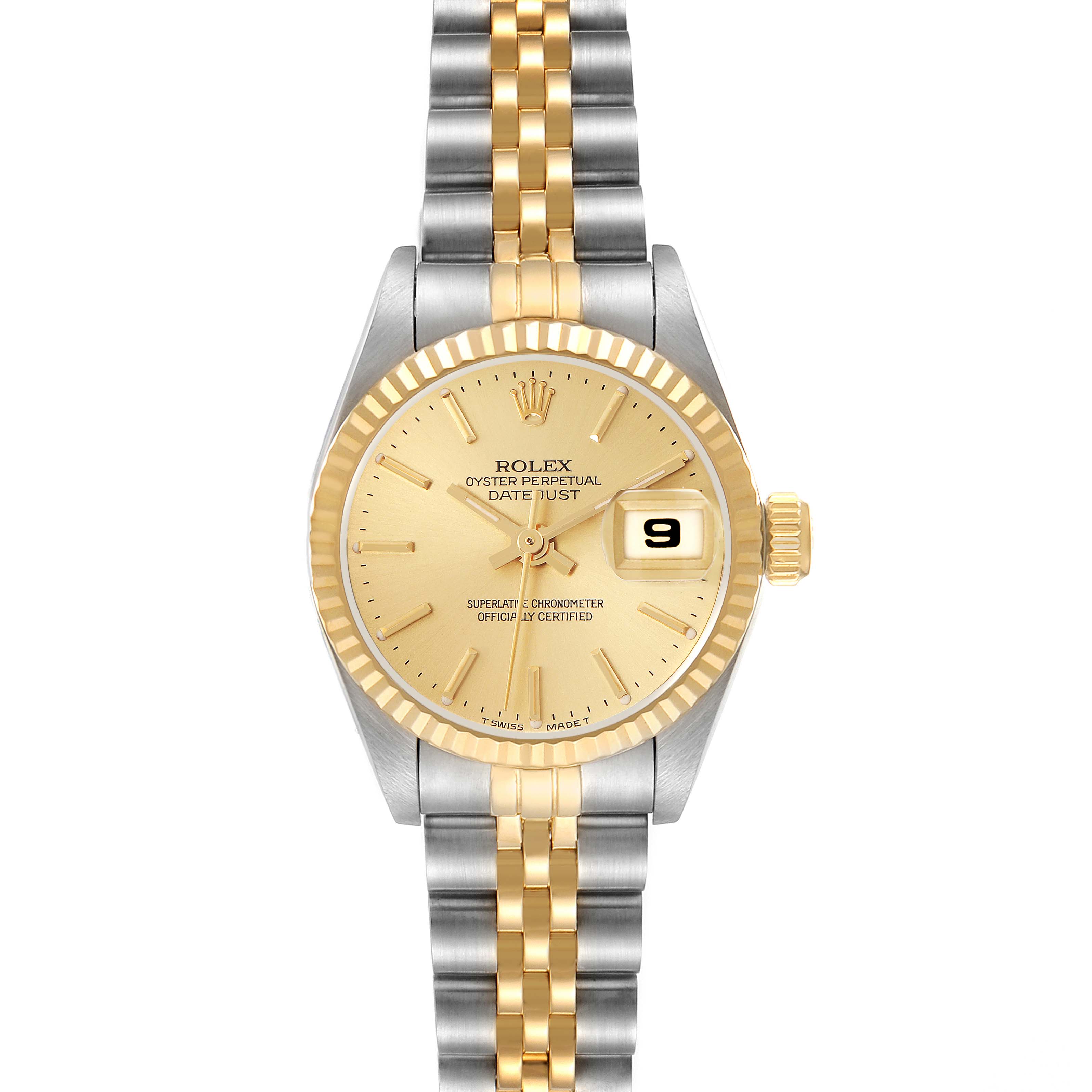 The Rolex Datejust 69173 Women
s Steel and Gold (two tone) Champagne Dial 69173 Women
s Steel and Gold (two tone) Champagne Dial watch is shown from the front, displaying its dial, bezel, and part of the bracelet.