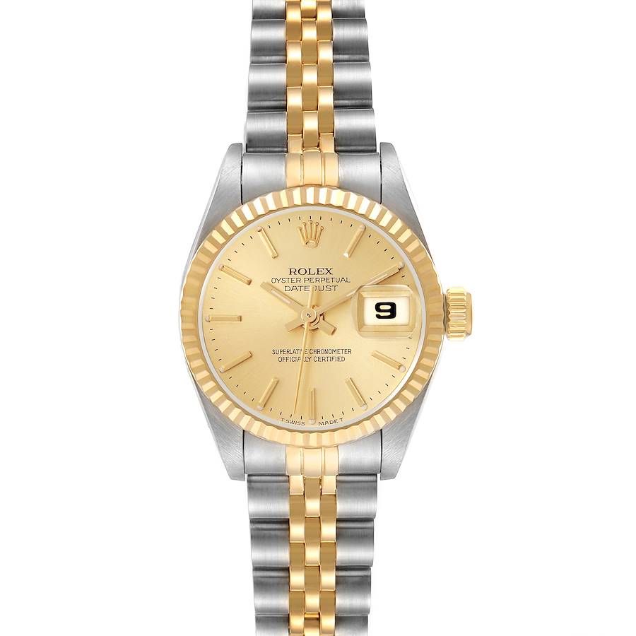 The Rolex Datejust watch is shown from the front, displaying its dial, bezel, and part of the bracelet.