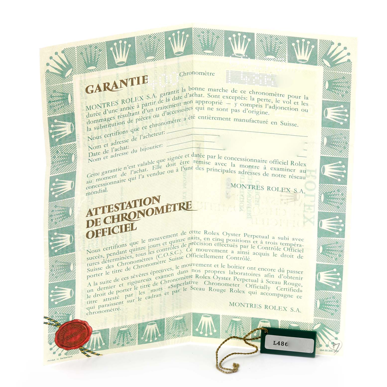 The image shows the warranty and chronometer certificate for a Rolex Datejust 69173 Women
s Steel and Gold (two tone) Champagne Dial 69173 Women
s Steel and Gold (two tone) Champagne Dial, featuring text and a border with Rolex logos.