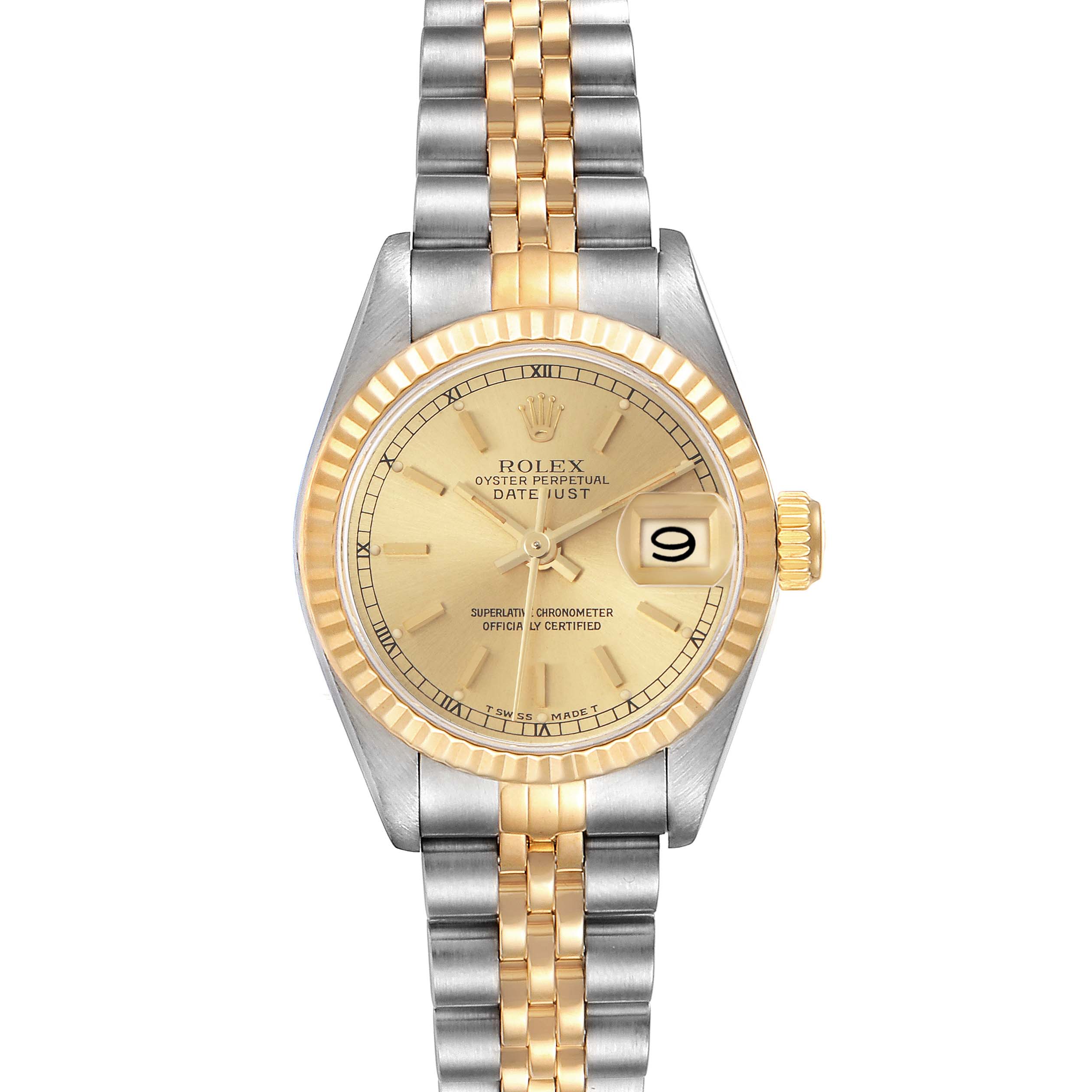 The Rolex Datejust 69173 Women
s Steel and Gold (two tone) Champagne Dial 69173 Women
s Steel and Gold (two tone) Champagne Dial watch is shown from the top, highlighting its dial, bezel, and jubilee bracelet.