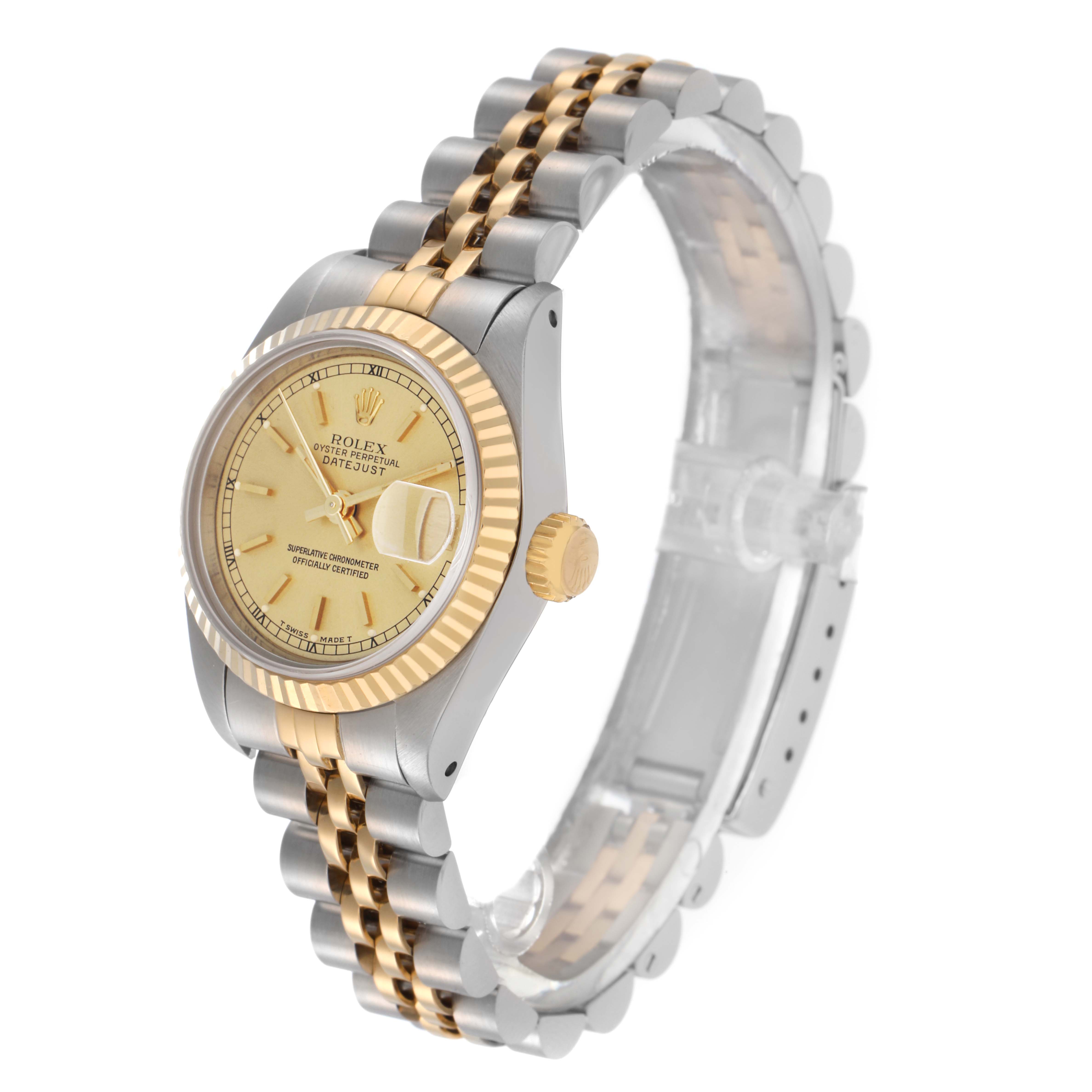The Rolex Datejust 69173 Women
s Steel and Gold (two tone) Champagne Dial 69173 Women
s Steel and Gold (two tone) Champagne Dial watch is shown at an angle highlighting the dial, crown, and Jubilee bracelet.