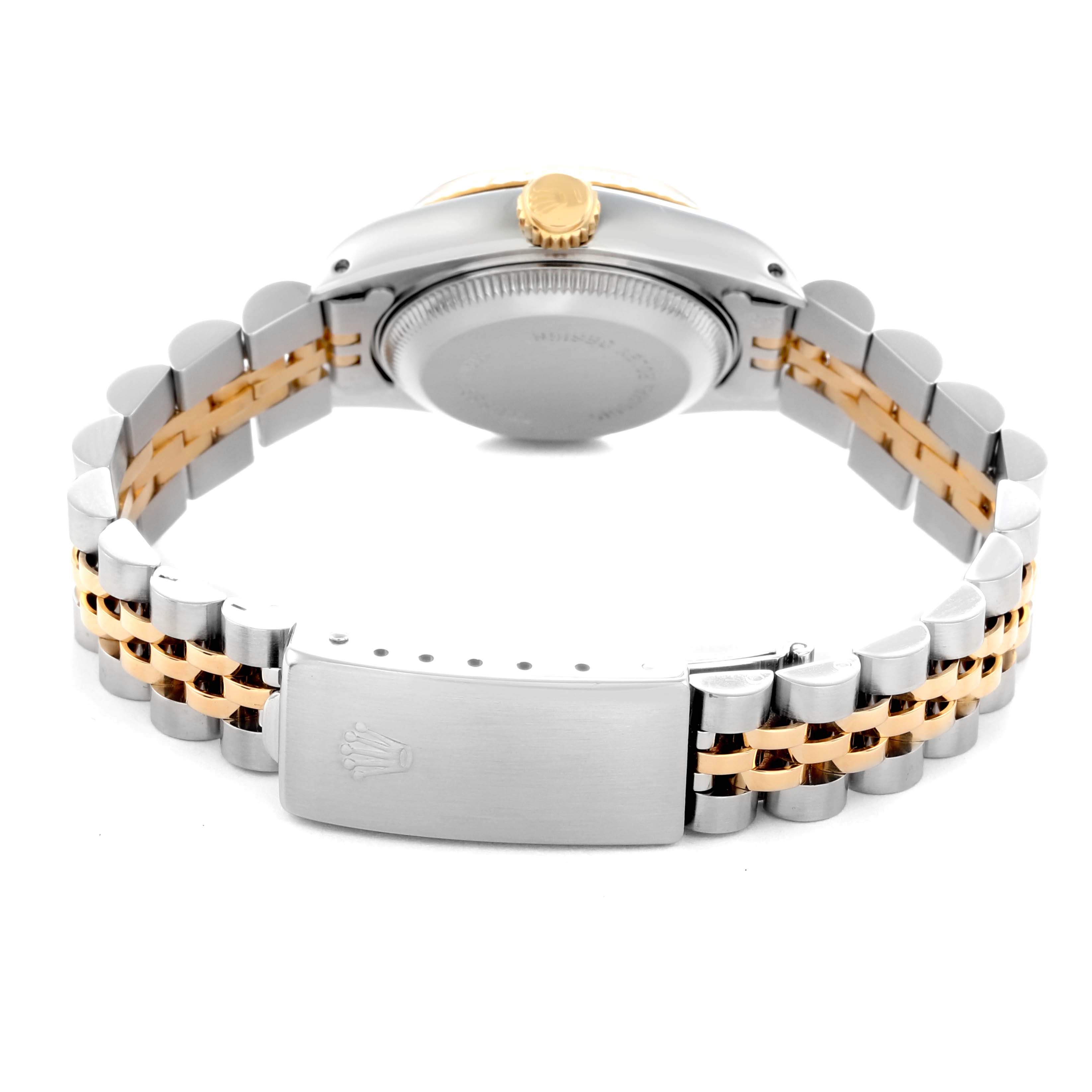 The image shows the back view of a Rolex Datejust 69173 Women
s Steel and Gold (two tone) Champagne Dial 69173 Women
s Steel and Gold (two tone) Champagne Dial, highlighting the clasp, bracelet, and crown.