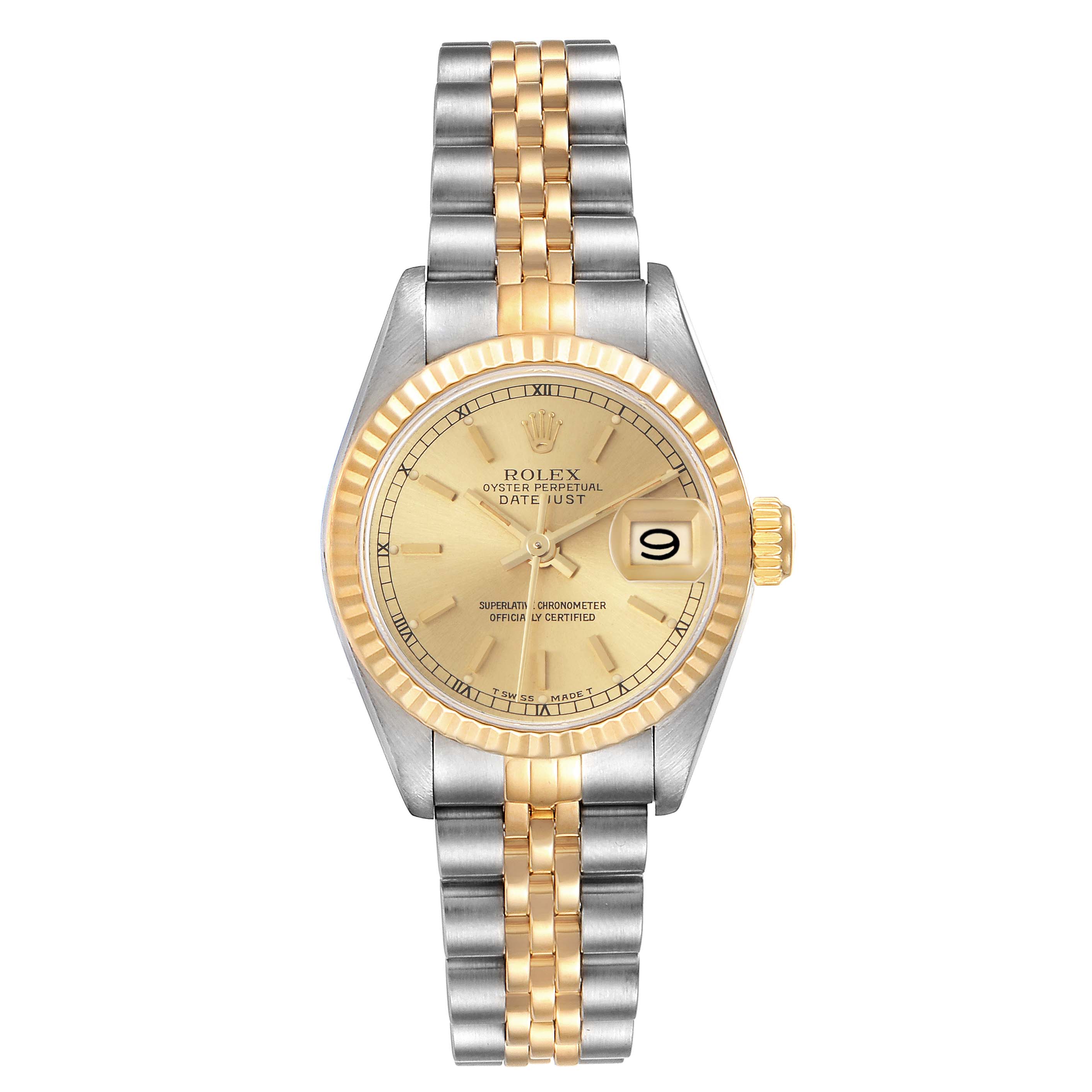 The Rolex Datejust 69173 Women
s Steel and Gold (two tone) Champagne Dial 69173 Women
s Steel and Gold (two tone) Champagne Dial watch is shown from a top-down angle, featuring its two-tone bracelet, fluted bezel, and date window.