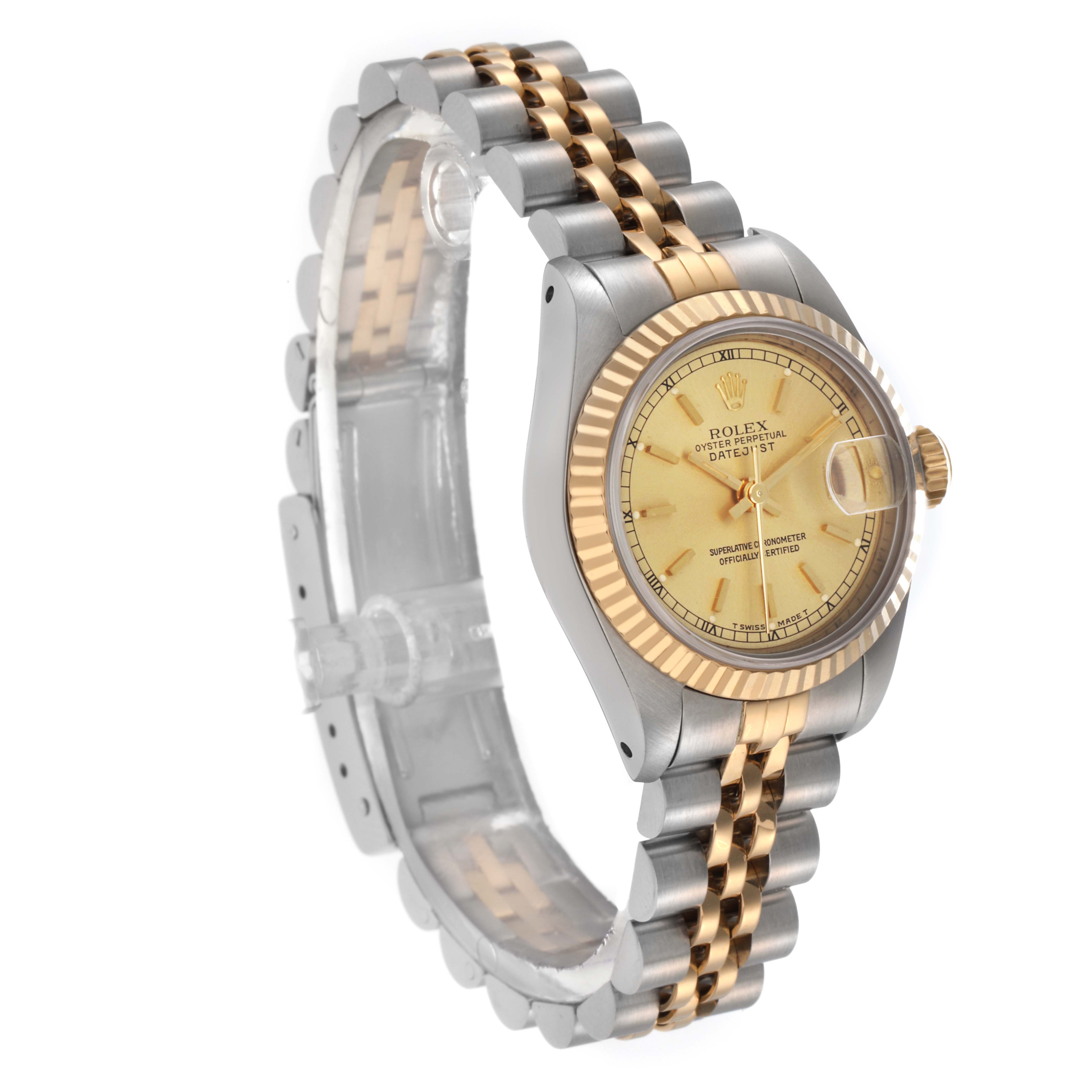 The Rolex Datejust 69173 Women
s Steel and Gold (two tone) Champagne Dial 69173 Women
s Steel and Gold (two tone) Champagne Dial watch is shown at a three-quarter angle, displaying the bezel, dial, and two-tone bracelet.
