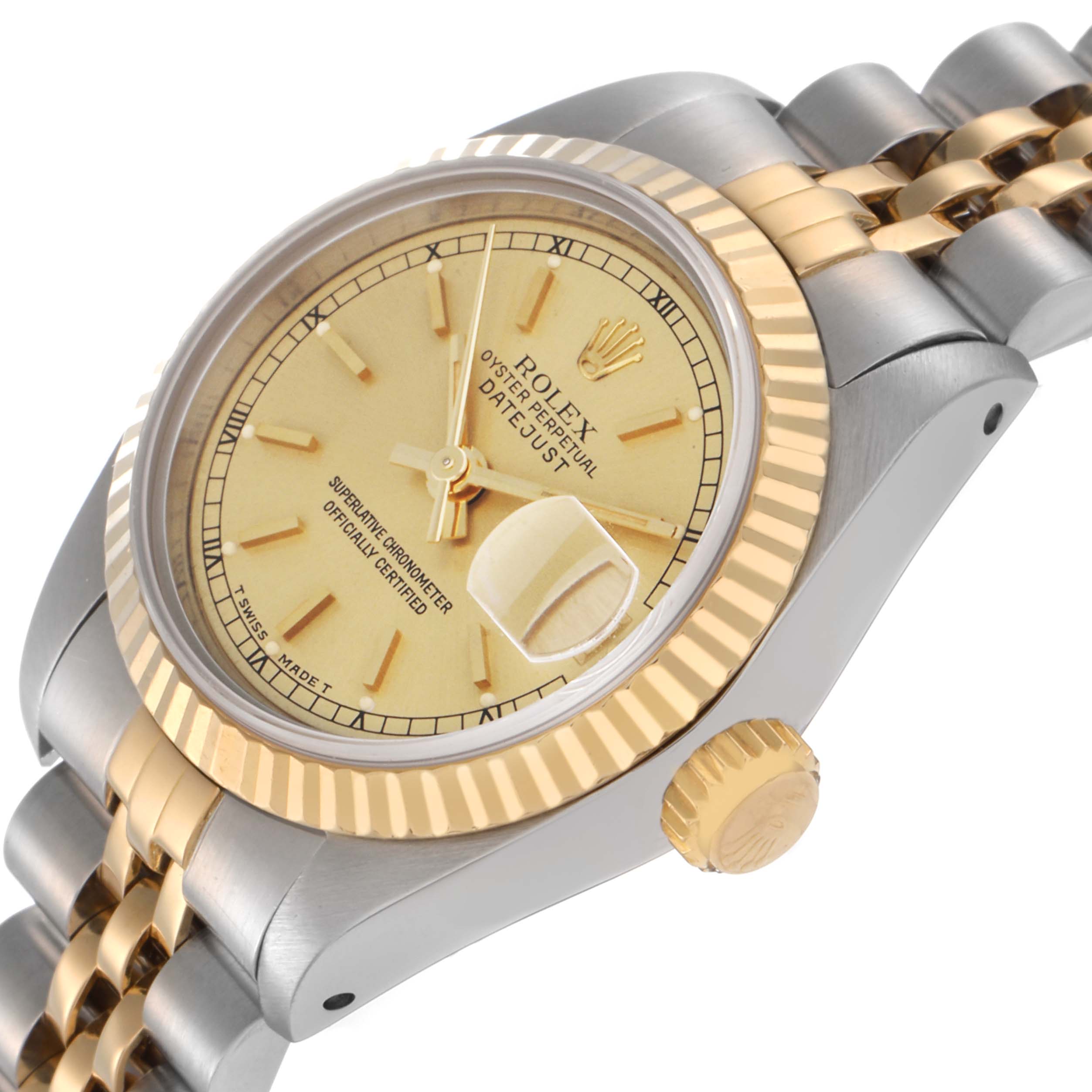 The Rolex Datejust 69173 Women
s Steel and Gold (two tone) Champagne Dial 69173 Women
s Steel and Gold (two tone) Champagne Dial watch is shown at a slight side angle, highlighting the bezel, crown, and bracelet.