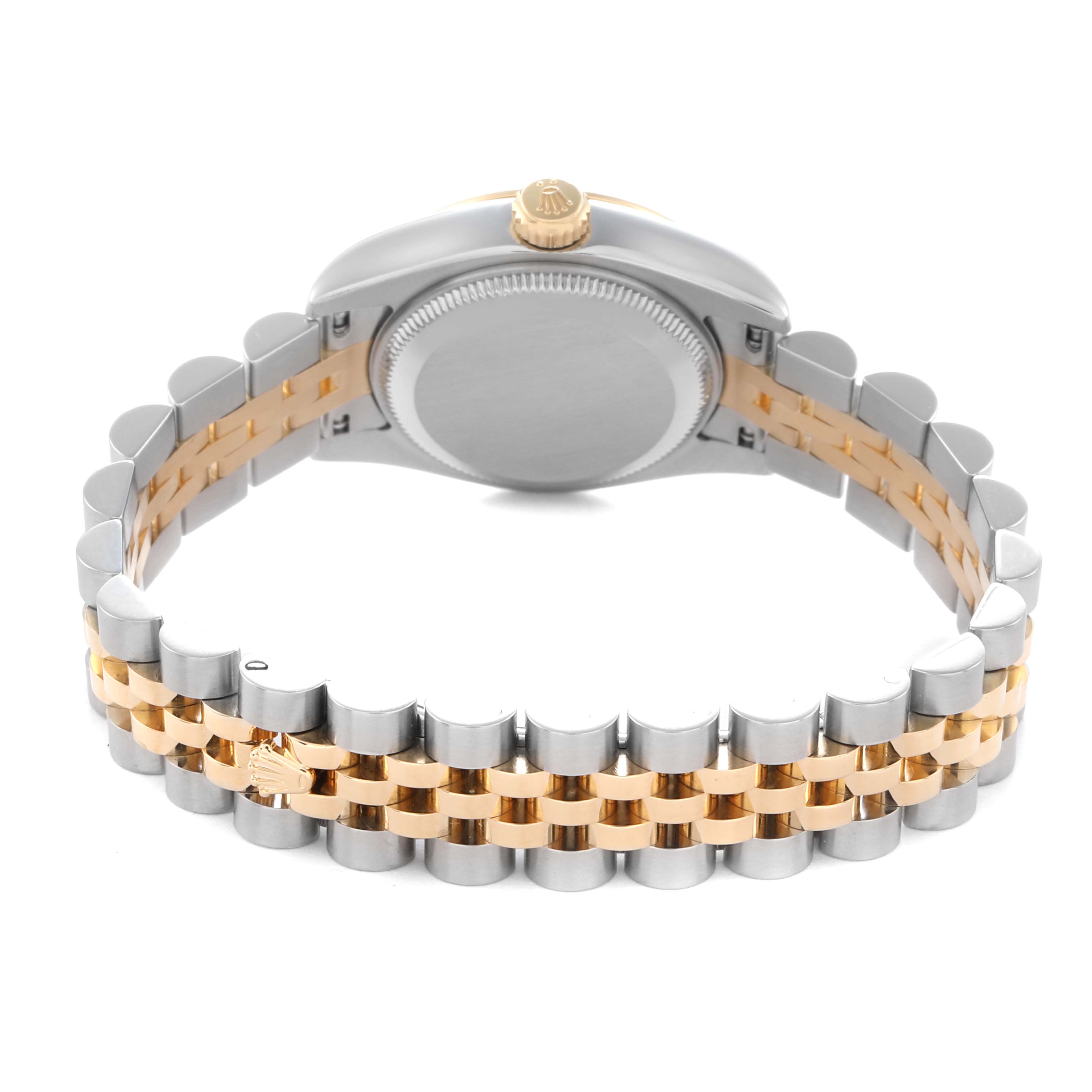 The image shows the back view of a Rolex Datejust 179173 Women
s Steel and Gold (two tone) Black Dial 179173 Women
s Steel and Gold (two tone) Black Dial, highlighting the case back and Jubilee bracelet in a two-tone design.
