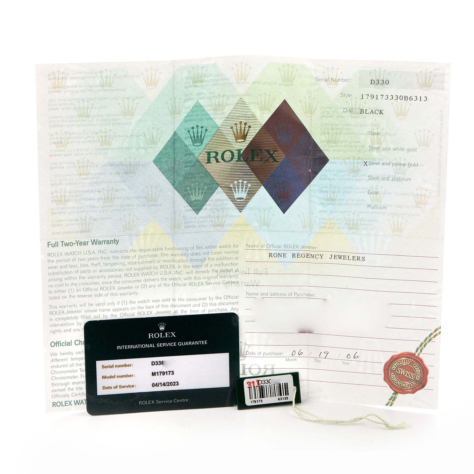 The image shows warranty documents and service cards for a Rolex Datejust 179173 Women
s Steel and Gold (two tone) Black Dial 179173 Women
s Steel and Gold (two tone) Black Dial model.