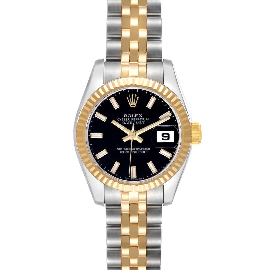 The Rolex Datejust watch is shown from a top view, displaying the face, bezel, crown, and two-tone bracelet.