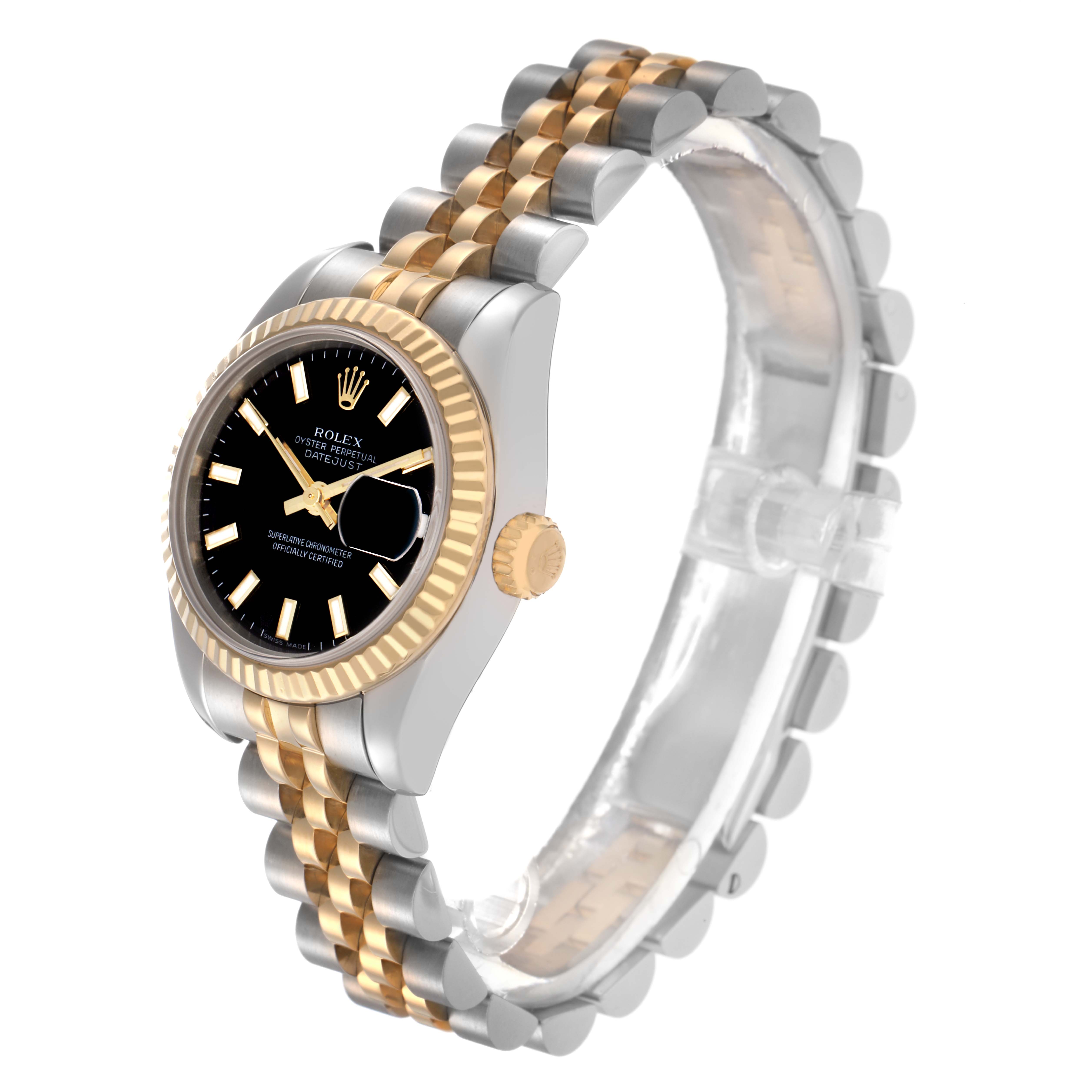 The Rolex Datejust 179173 Women
s Steel and Gold (two tone) Black Dial 179173 Women
s Steel and Gold (two tone) Black Dial watch is shown at a side angle, highlighting the face, bezel, crown, and two-tone bracelet.