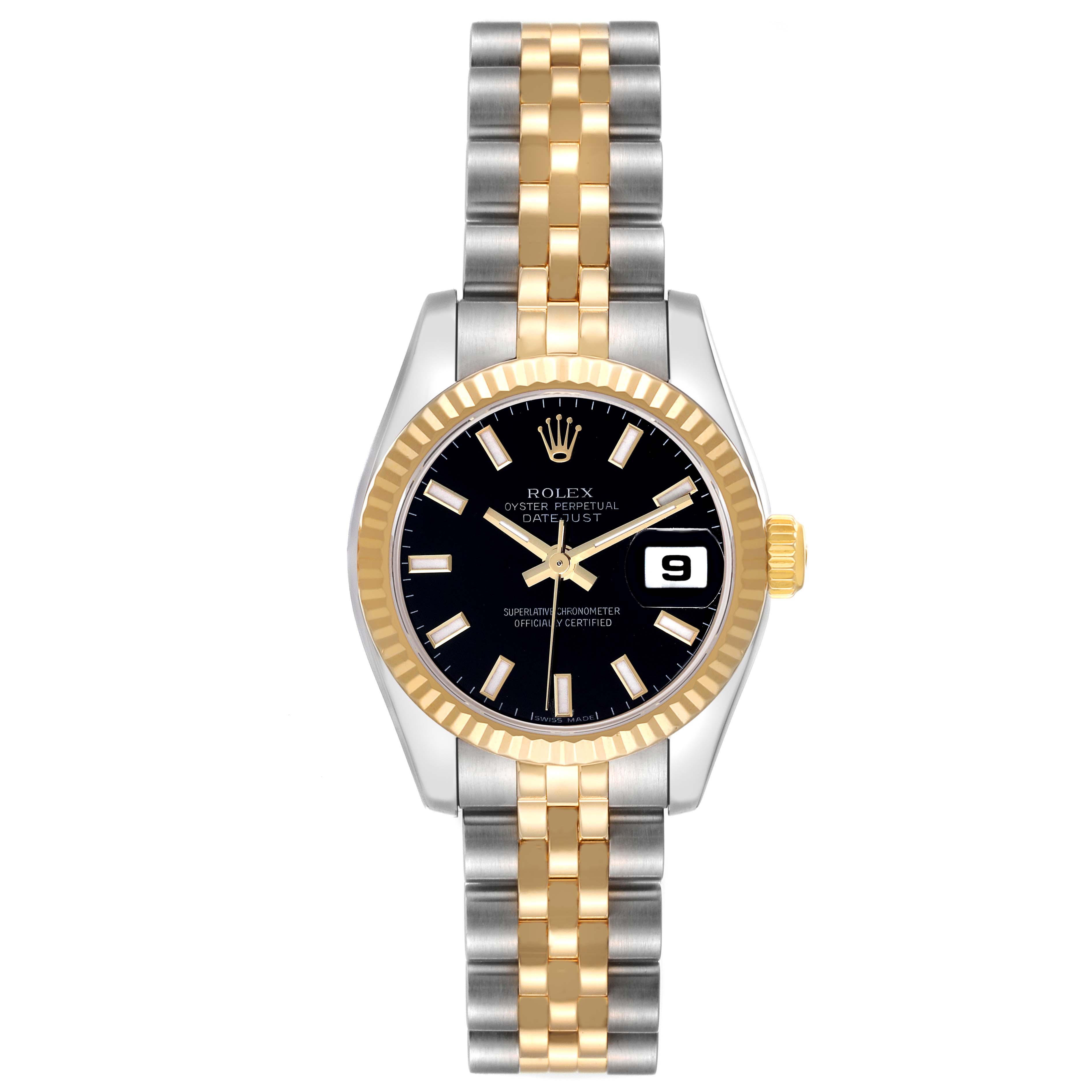 The Rolex Datejust 179173 Women
s Steel and Gold (two tone) Black Dial 179173 Women
s Steel and Gold (two tone) Black Dial watch is shown from a top view, highlighting the dial, fluted bezel, and two-tone bracelet.