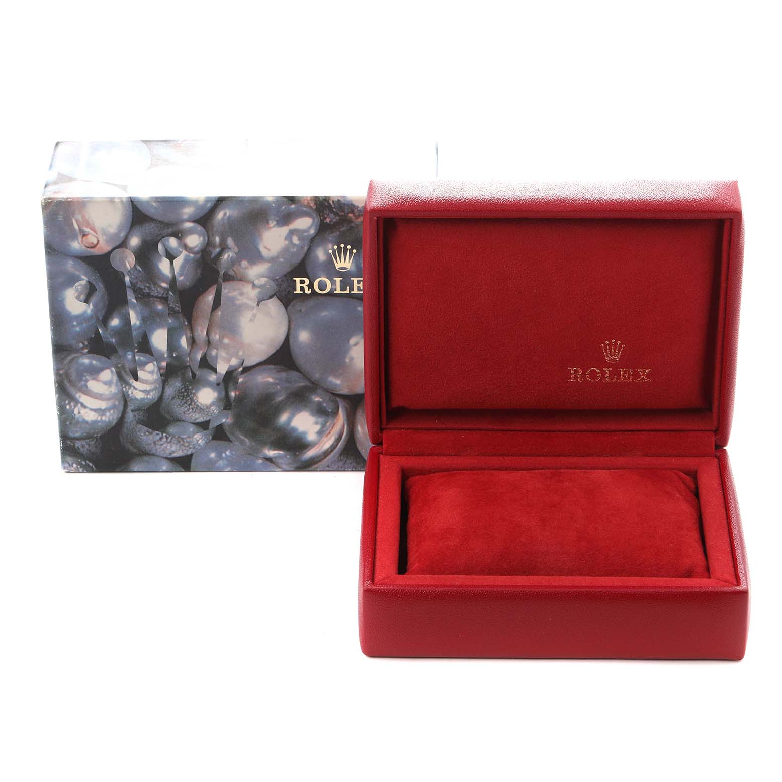 The image shows a Rolex Datejust 79173 Women
s Steel and Gold (two tone) Champagne Dial 79173 Women
s Steel and Gold (two tone) Champagne Dial box from a front angle, featuring a red velvet interior and an outer box with a pearl design.