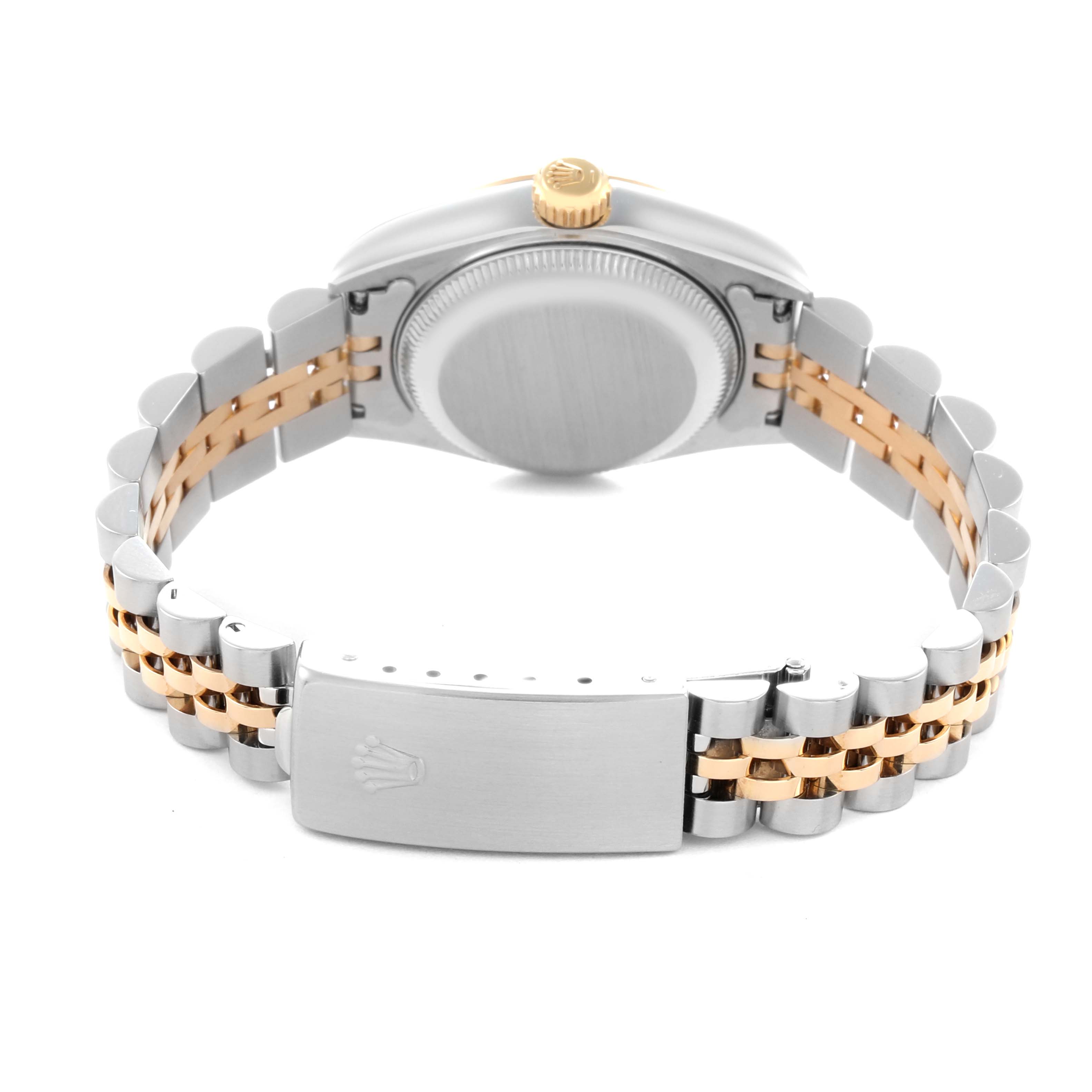 The Rolex Datejust 79173 Women
s Steel and Gold (two tone) Champagne Dial 79173 Women
s Steel and Gold (two tone) Champagne Dial watch is shown from the back, displaying the case back, crown, and two-tone bracelet with the clasp.