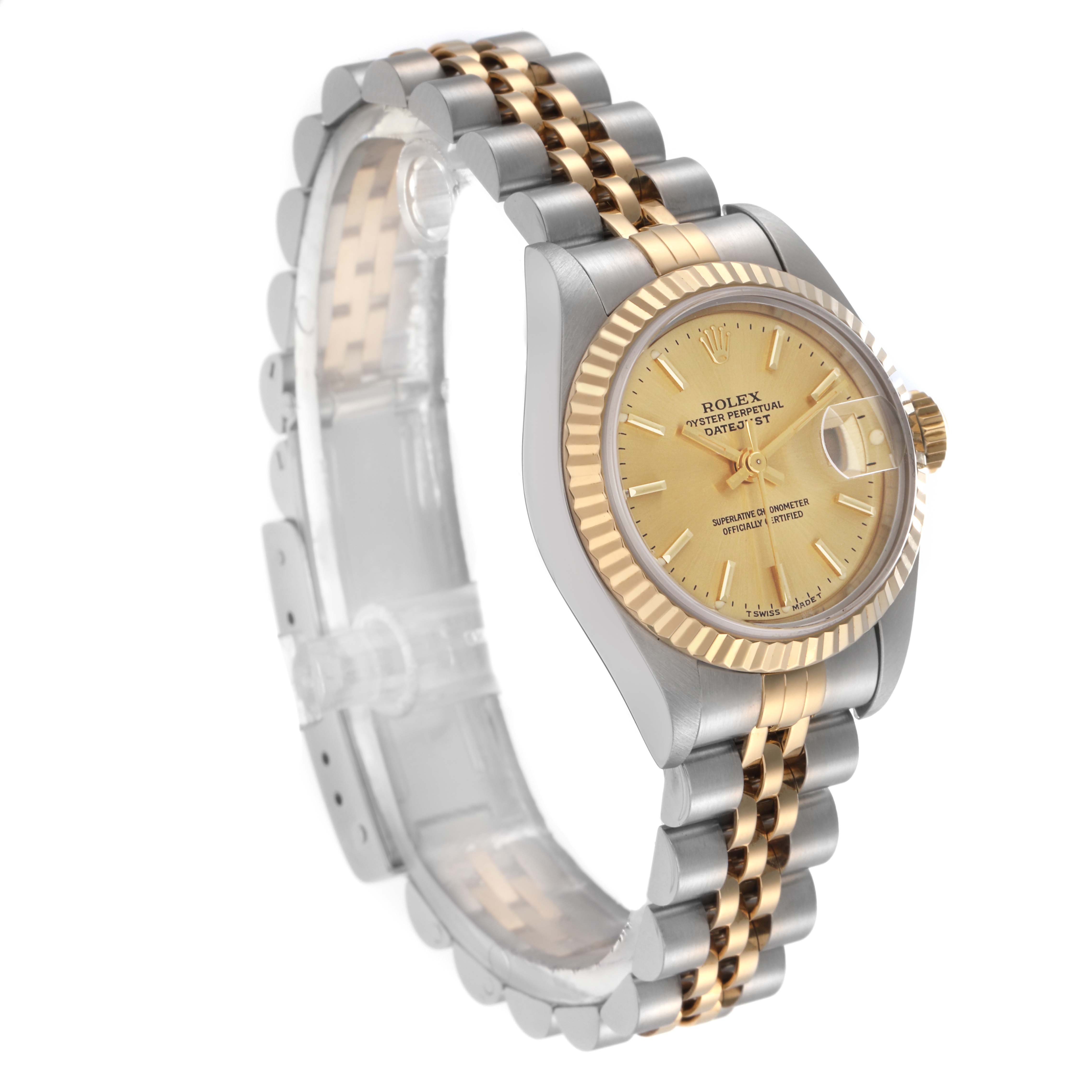 The Rolex Datejust 79173 Women
s Steel and Gold (two tone) Champagne Dial 79173 Women
s Steel and Gold (two tone) Champagne Dial watch is shown at an oblique angle, displaying the dial, bezel, and two-tone bracelet.