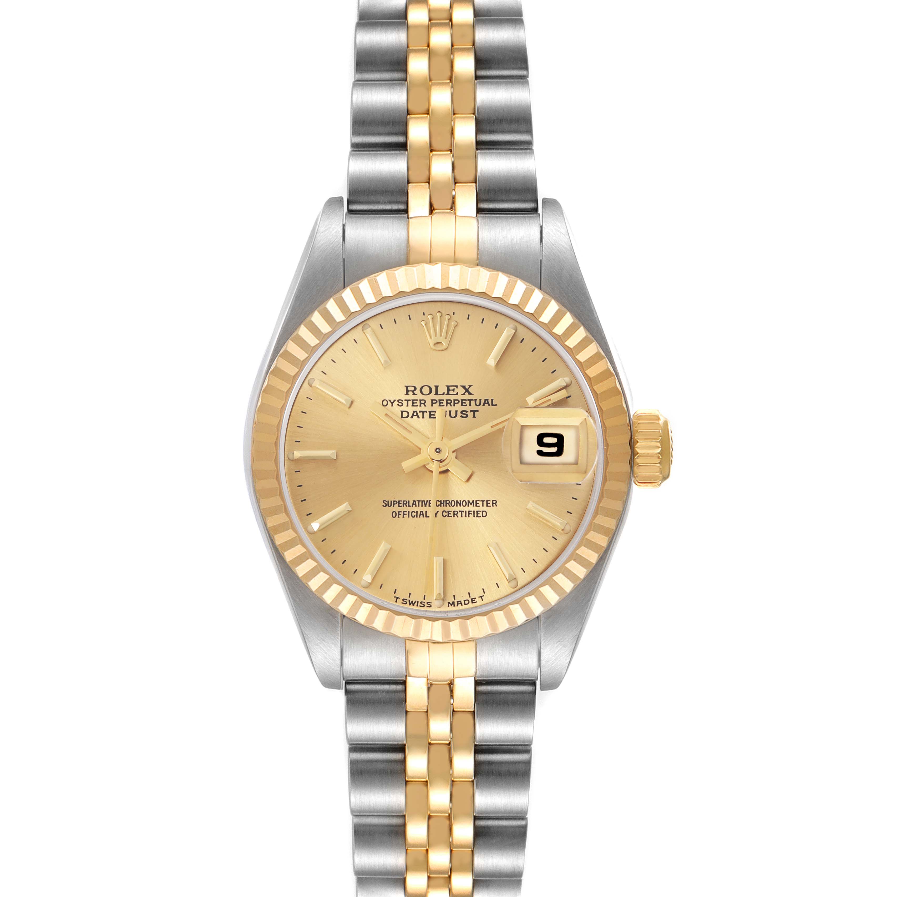 The Rolex Datejust 79173 Women
s Steel and Gold (two tone) Champagne Dial 79173 Women
s Steel and Gold (two tone) Champagne Dial watch is shown from a front angle, displaying the face, bezel, crown, and bracelet.