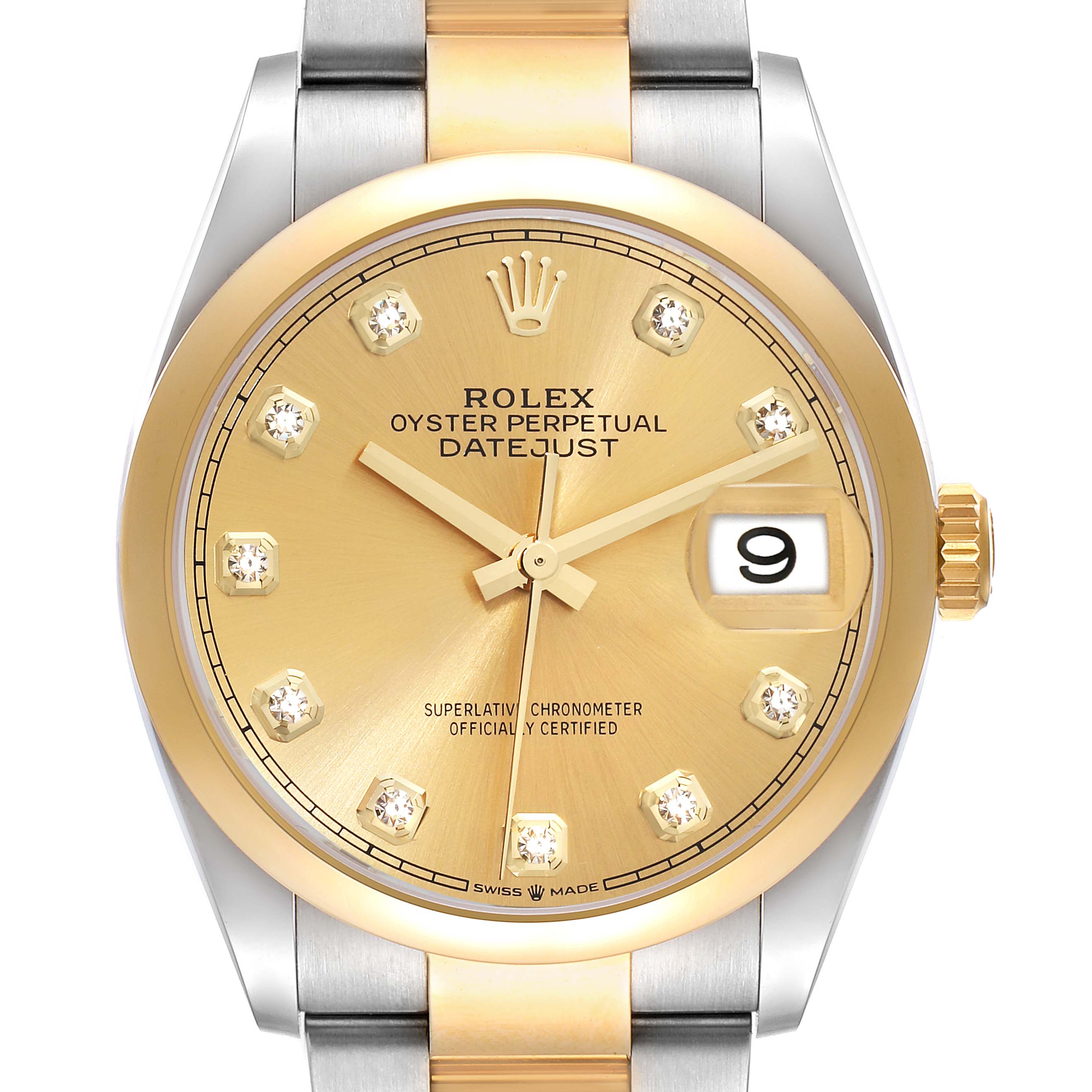 This image shows a front view of a Rolex Datejust 126203 Men's Steel and Gold (two tone) Champagne Dial 126203 Men's Steel and Gold (two tone) Champagne Dial watch, highlighting its gold dial, diamond hour markers, and metal bracelet.