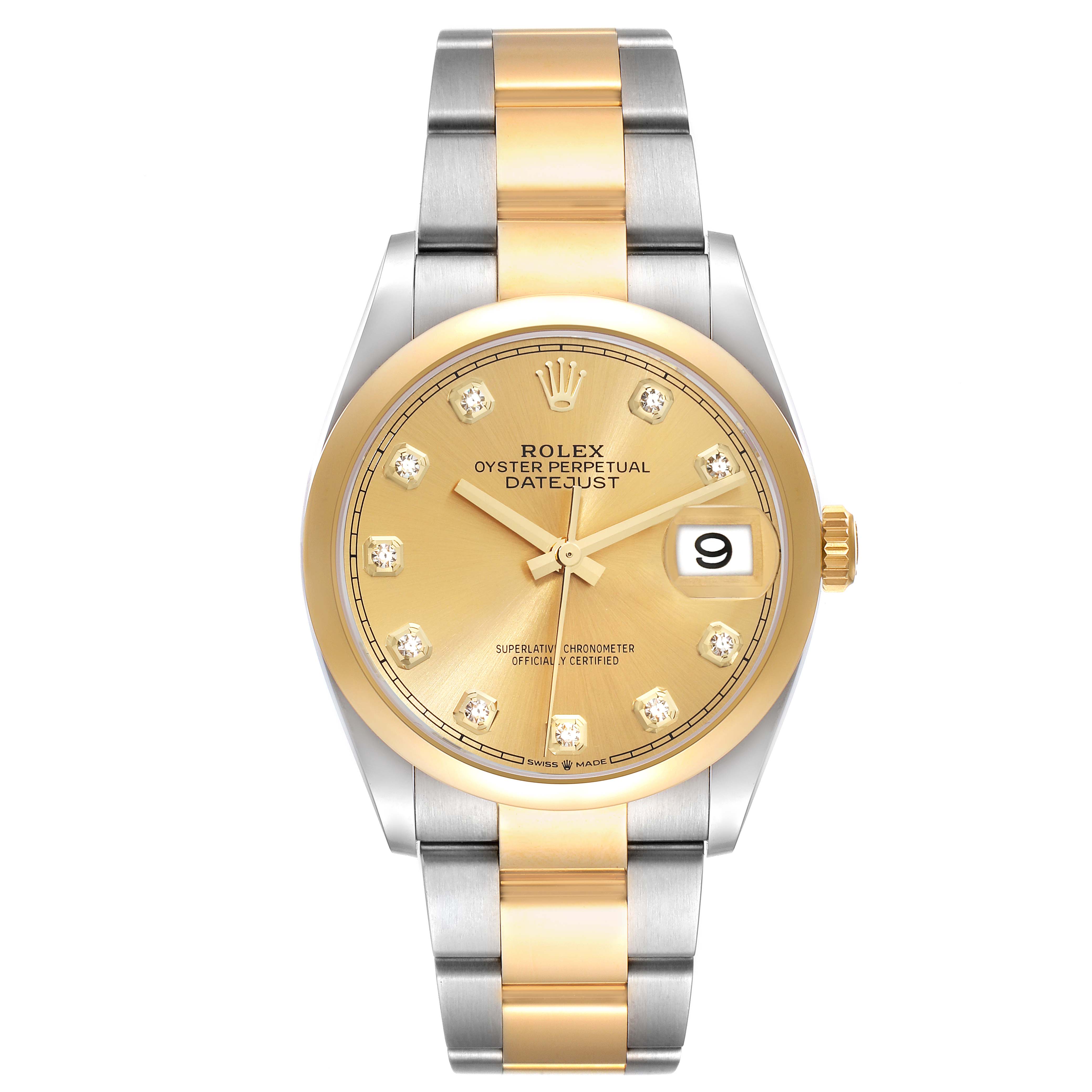 The image shows a front view of the Rolex Datejust 126203 Men's Steel and Gold (two tone) Champagne Dial 126203 Men's Steel and Gold (two tone) Champagne Dial watch, showcasing its gold dial, diamond hour markers, and two-tone bracelet.