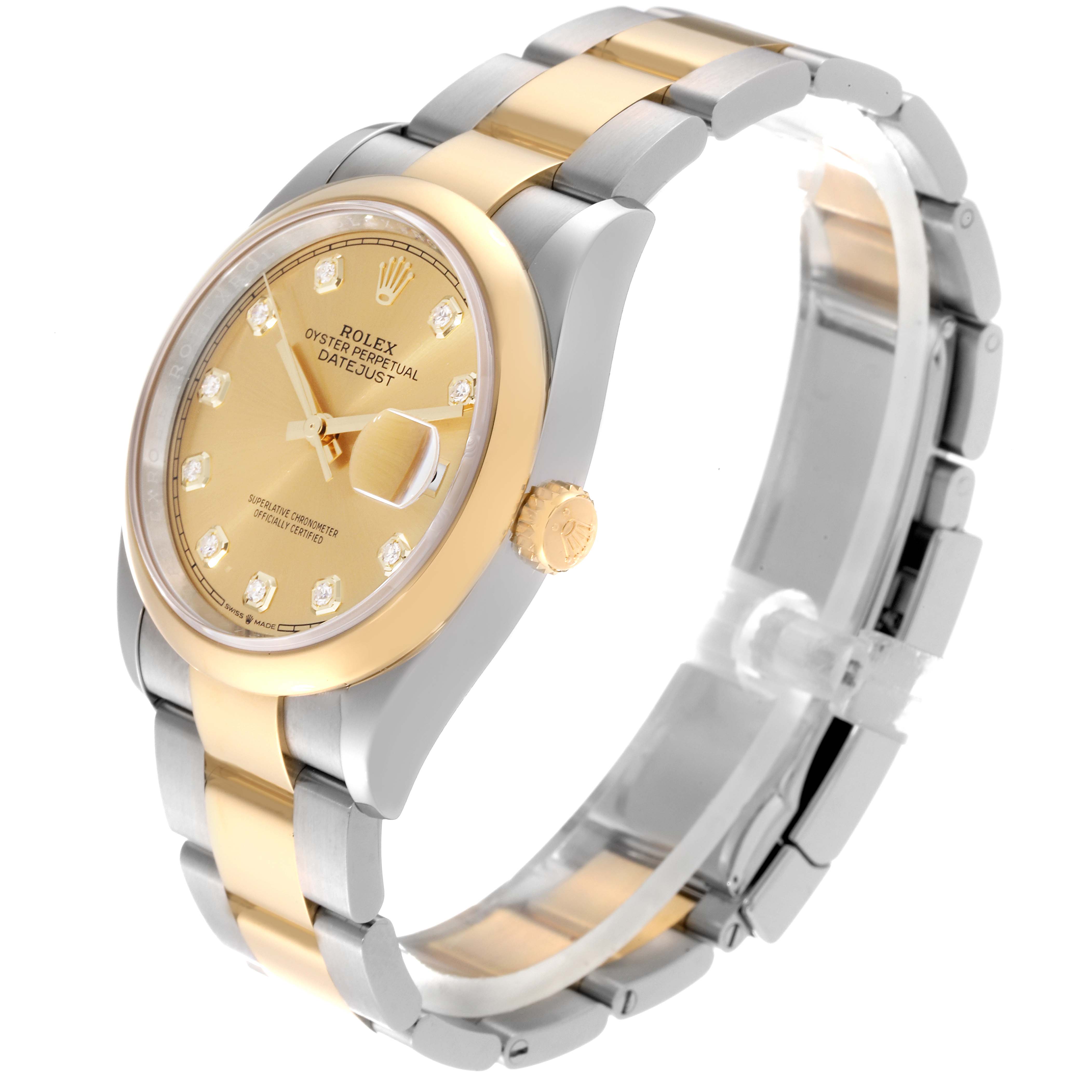The Rolex Datejust 126203 Men's Steel and Gold (two tone) Champagne Dial 126203 Men's Steel and Gold (two tone) Champagne Dial watch is shown at a three-quarter angle, highlighting its gold and silver bracelet and diamond-accented dial.