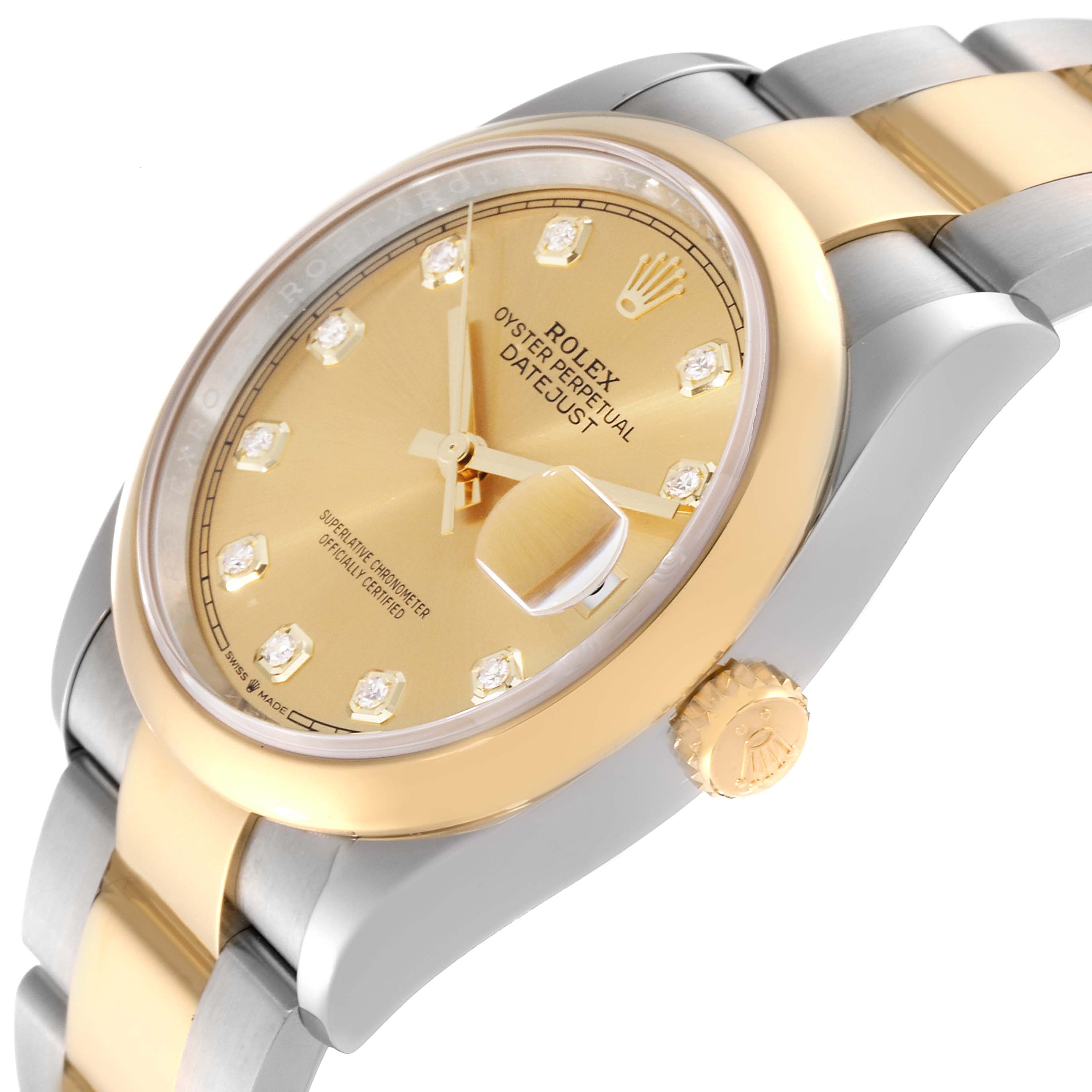 The image shows a side view of a Rolex Datejust 126203 Men's Steel and Gold (two tone) Champagne Dial 126203 Men's Steel and Gold (two tone) Champagne Dial watch, highlighting the bracelet, crown, and diamond-studded dial.