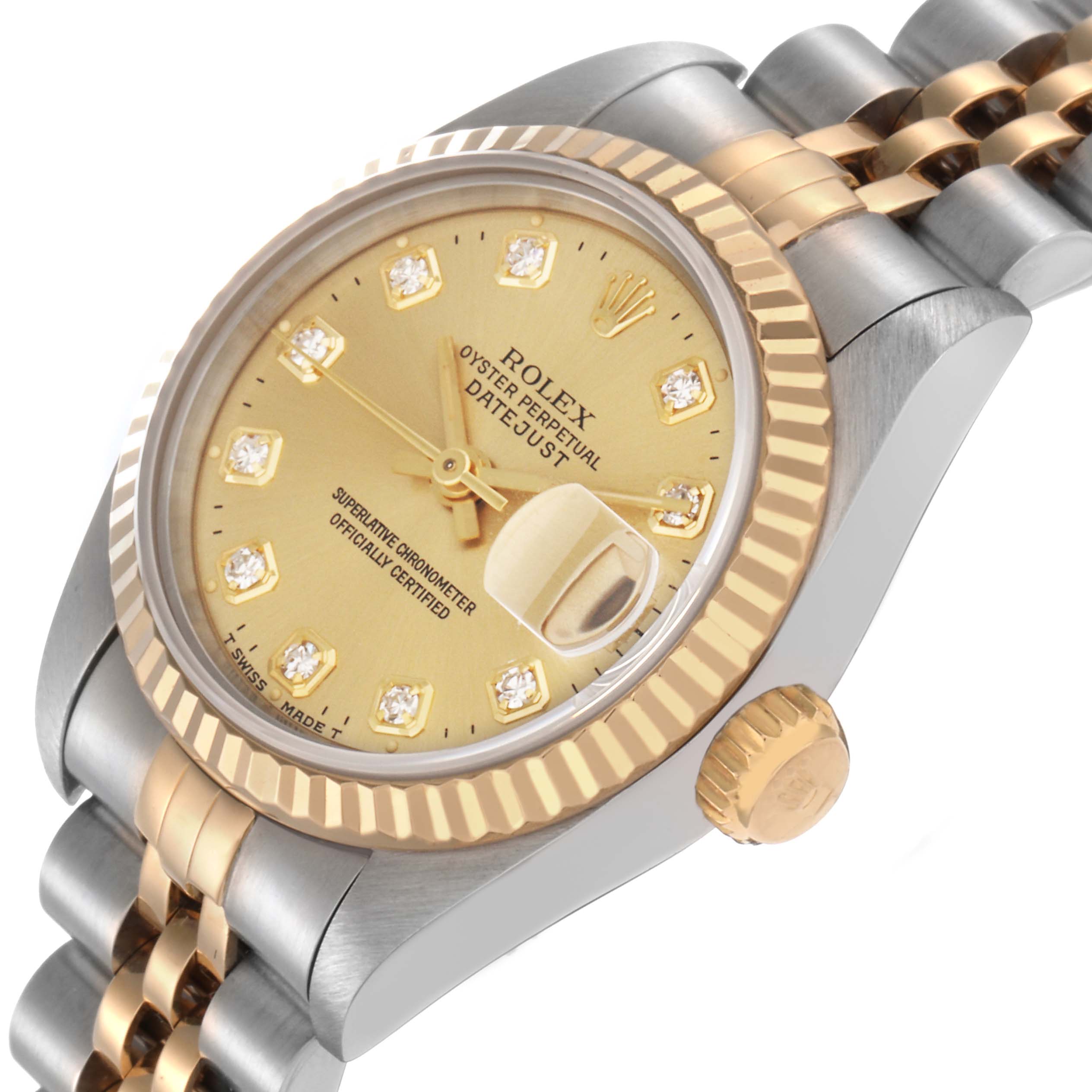 The Rolex Datejust 69173 Women
s Steel and Gold (two tone) Champagne Dial 69173 Women
s Steel and Gold (two tone) Champagne Dial watch is shown at an angled view, highlighting the gold dial, diamond hour markers, fluted bezel, and jubilee bracelet.