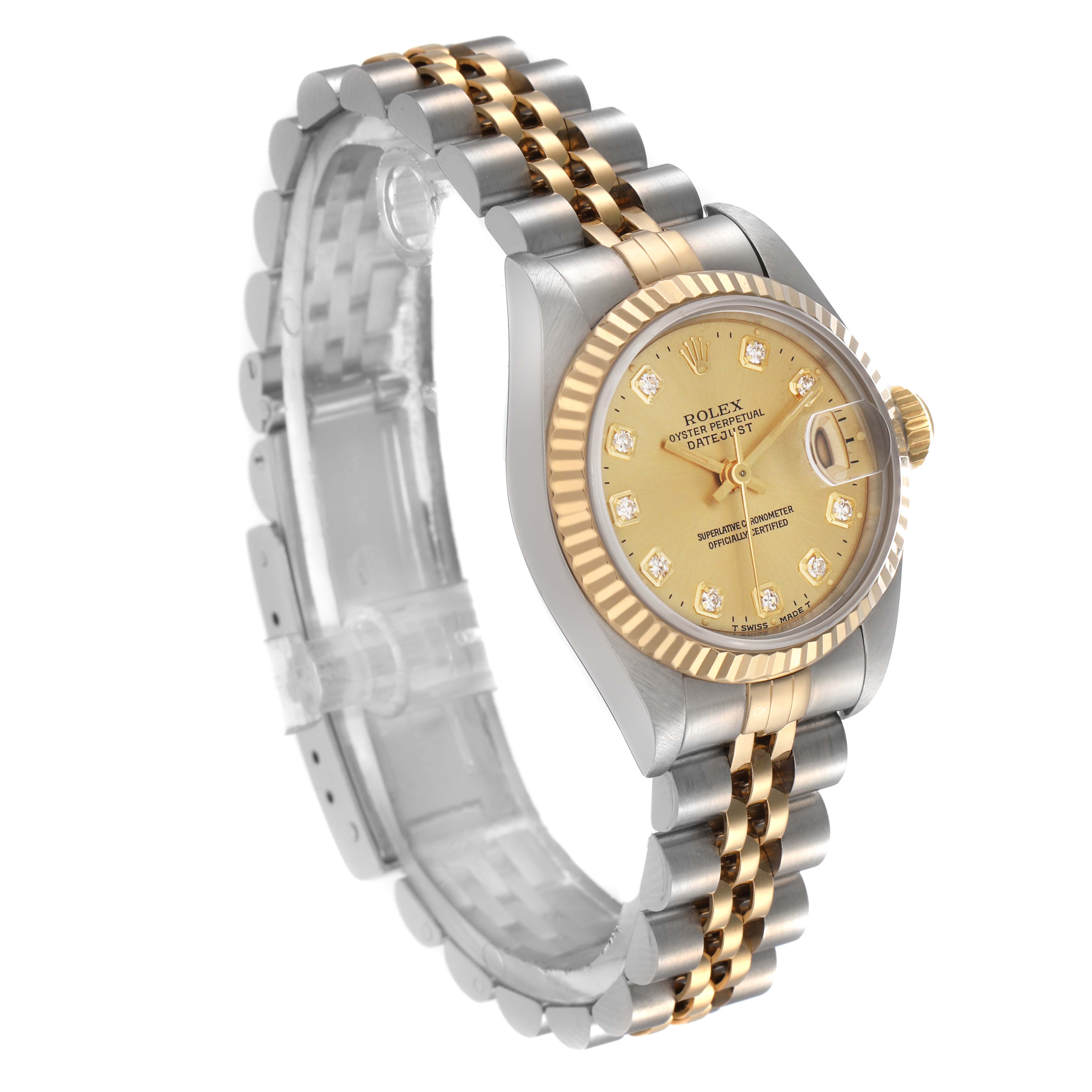 The Rolex Datejust 69173 Women
s Steel and Gold (two tone) Champagne Dial 69173 Women
s Steel and Gold (two tone) Champagne Dial watch is shown at a three-quarter angle, highlighting its gold and silver bracelet, fluted bezel, and champagne dial.