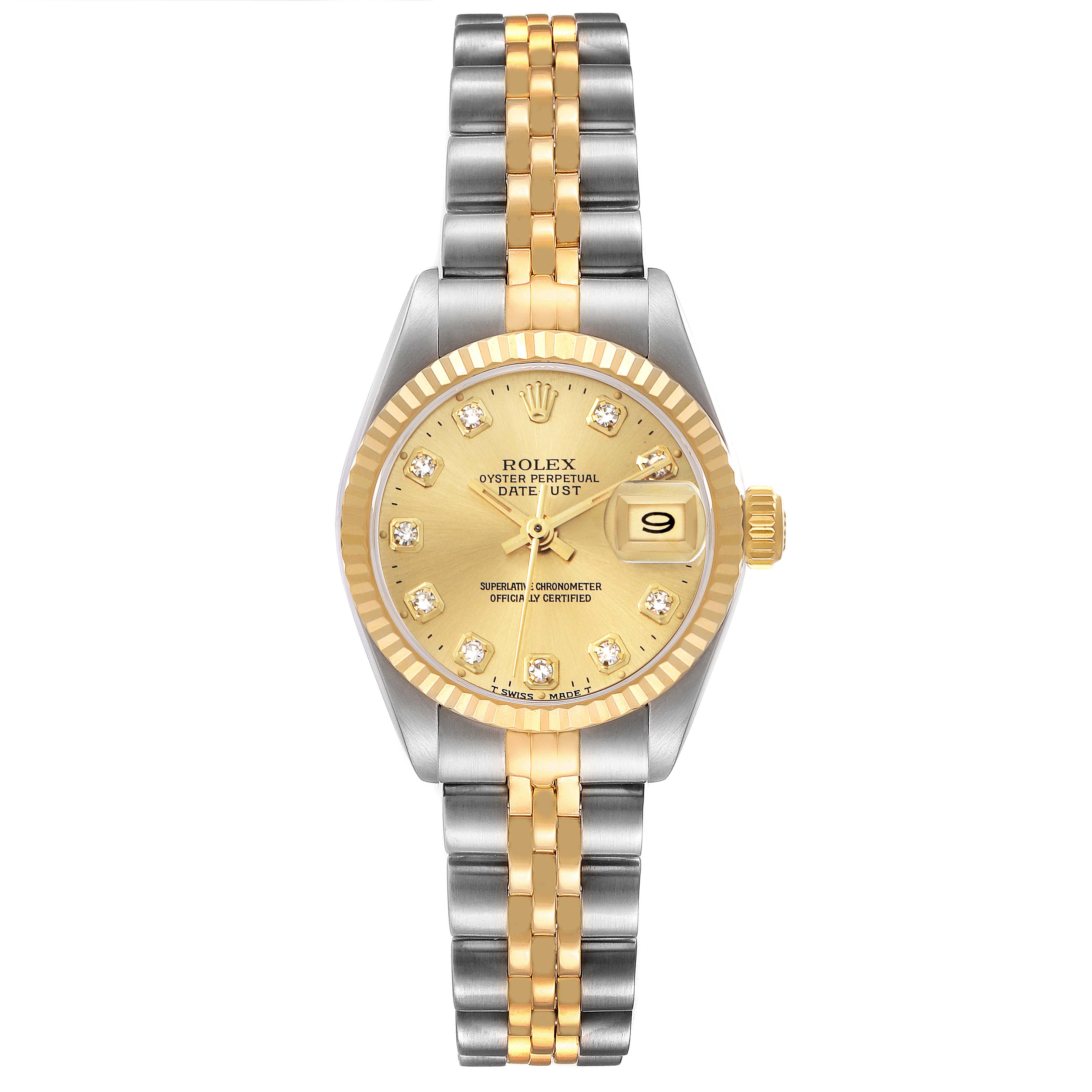 The Rolex Datejust 69173 Women
s Steel and Gold (two tone) Champagne Dial 69173 Women
s Steel and Gold (two tone) Champagne Dial watch is shown from a top-down angle, featuring its dial, bezel, and bracelet.
