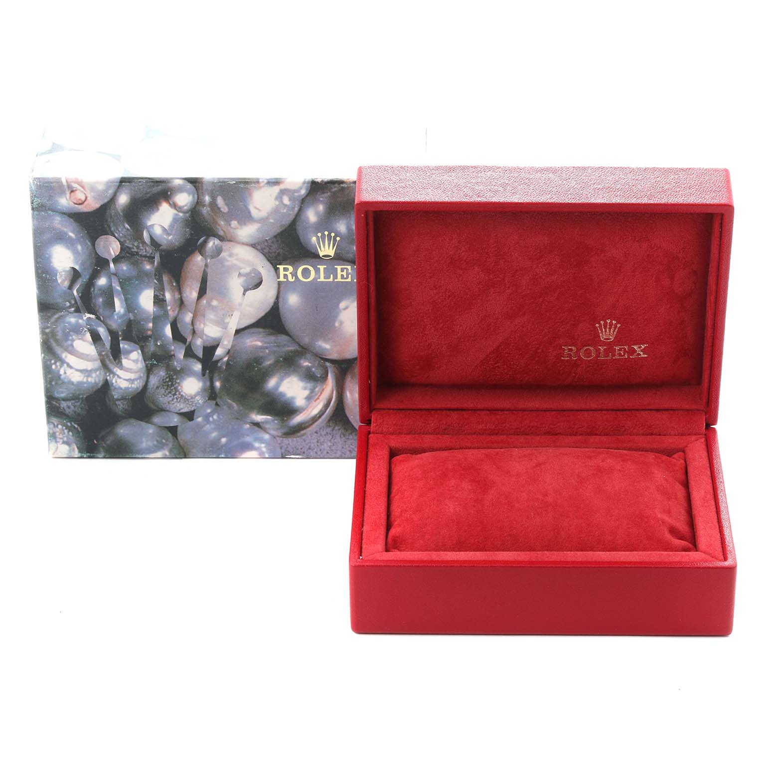 The image shows an open Rolex Datejust 69173 Women
s Steel and Gold (two tone) Champagne Dial 69173 Women
s Steel and Gold (two tone) Champagne Dial watch box at an angle, displaying its red interior and cushion.