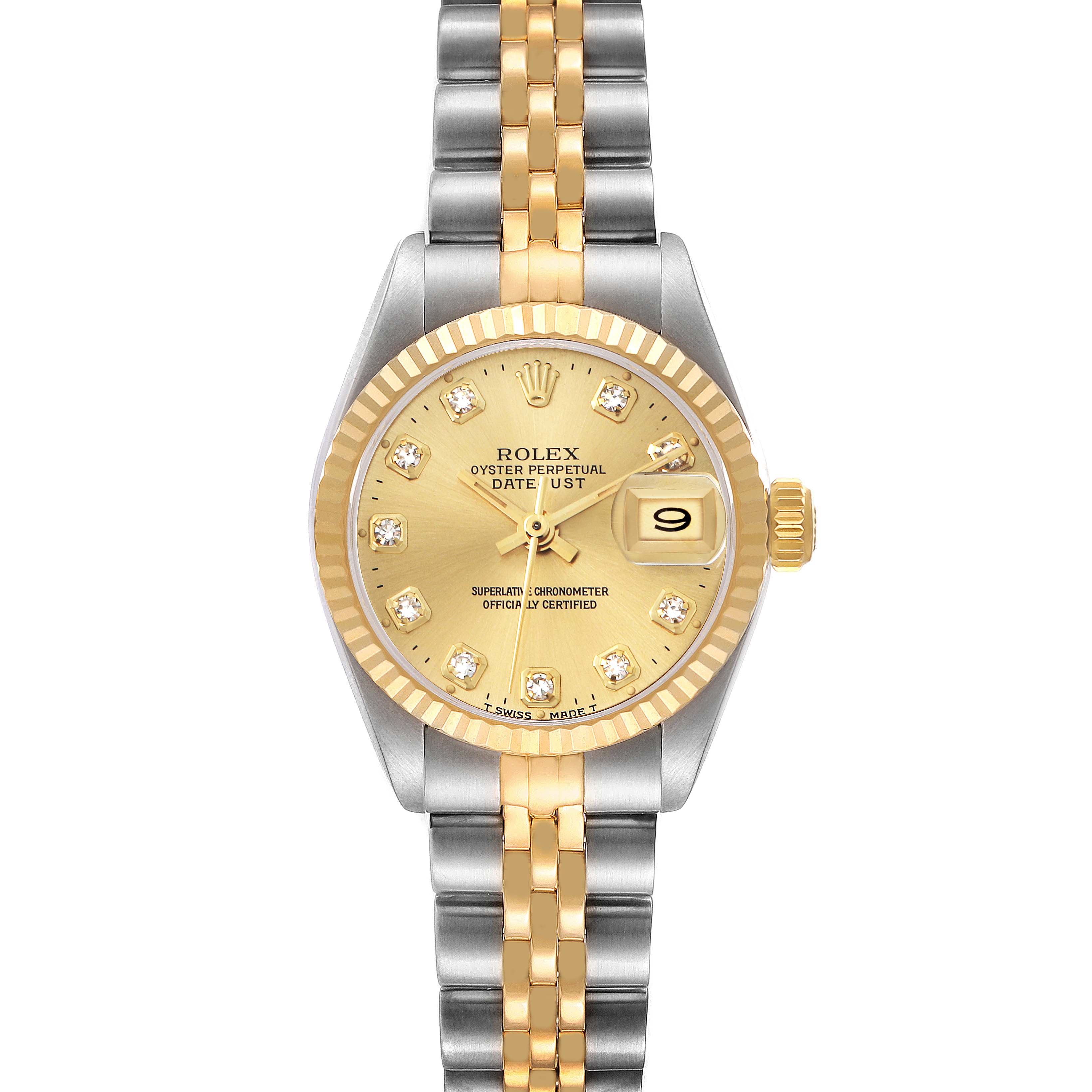 The Rolex Datejust 69173 Women
s Steel and Gold (two tone) Champagne Dial 69173 Women
s Steel and Gold (two tone) Champagne Dial watch is shown from a frontal angle, highlighting its gold dial, two-tone bracelet, and date display.