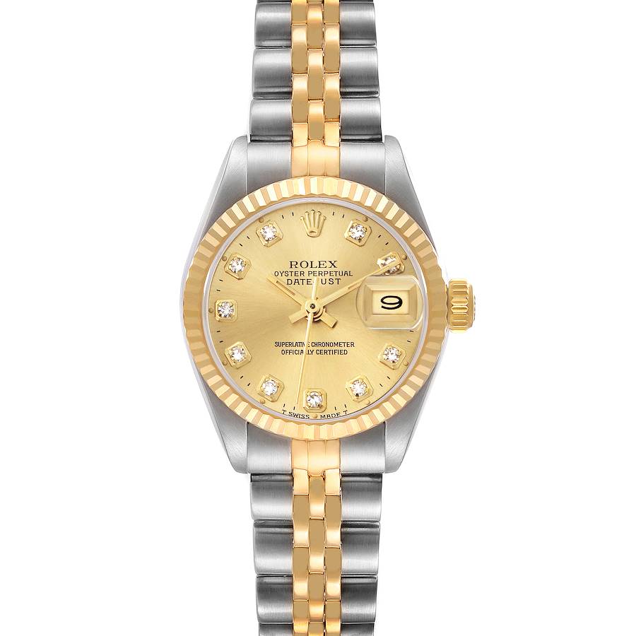 The Rolex Datejust watch is shown from a frontal angle, highlighting its gold dial, two-tone bracelet, and date display.
