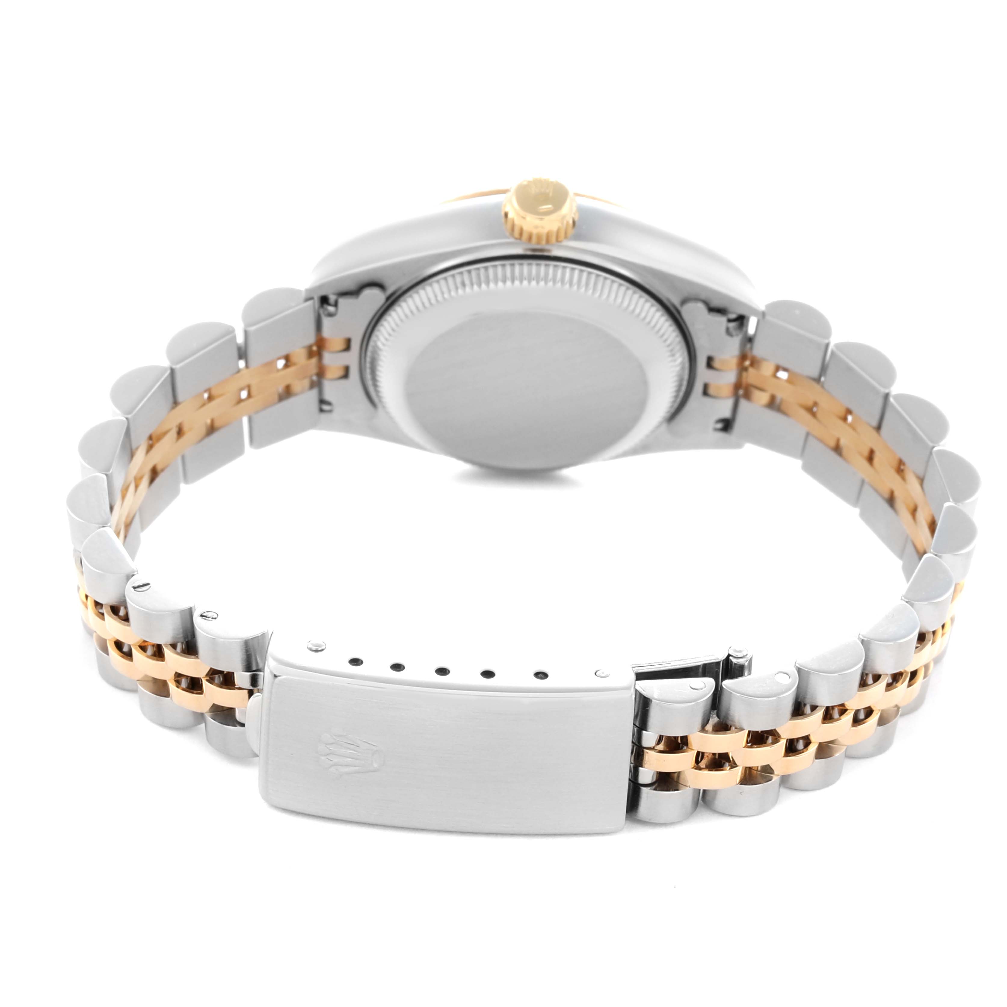 The image shows the back and clasp of a Rolex Datejust 69173 Women
s Steel and Gold (two tone) Champagne Dial 69173 Women
s Steel and Gold (two tone) Champagne Dial watch, highlighting the steel and gold bracelet.
