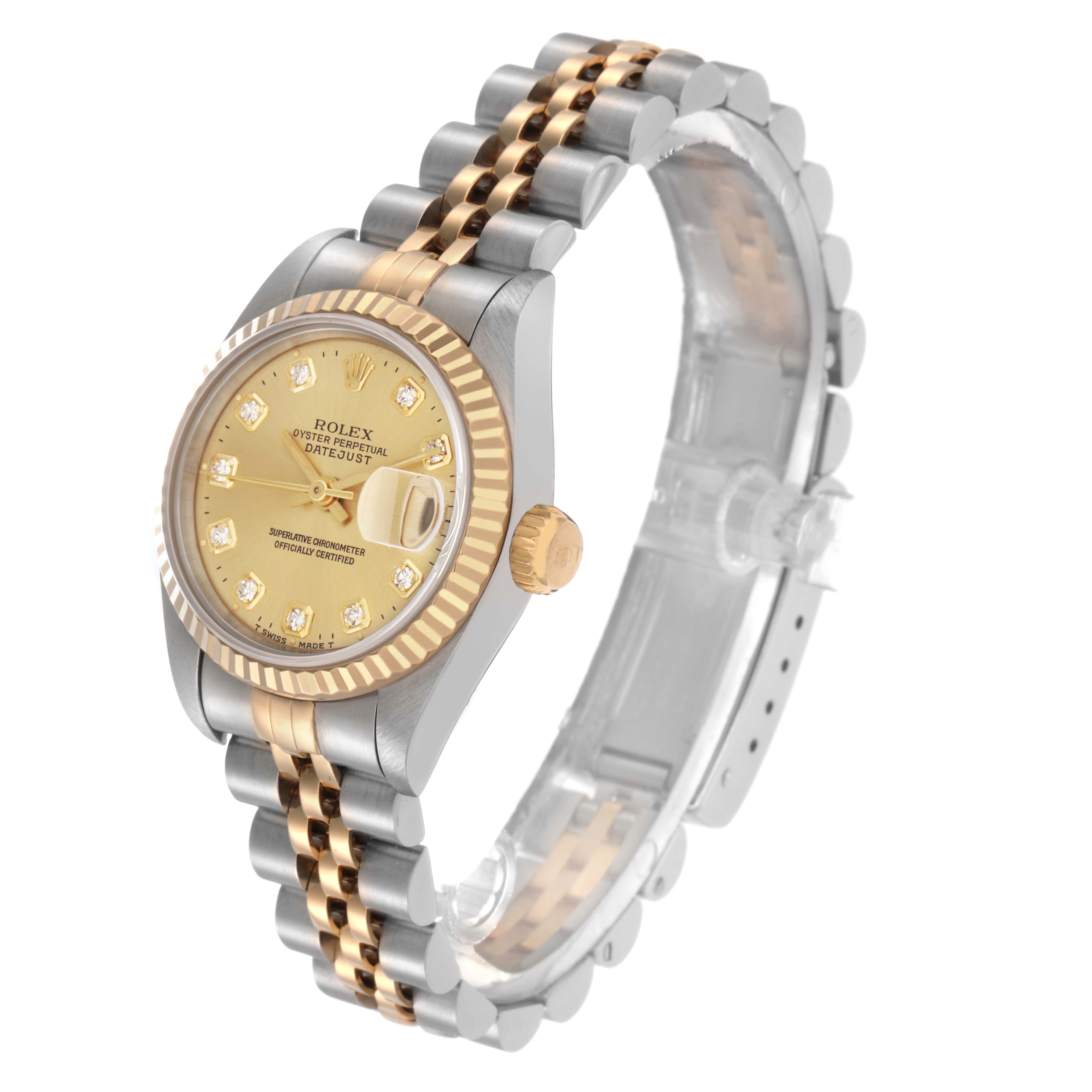 The Rolex Datejust 69173 Women
s Steel and Gold (two tone) Champagne Dial 69173 Women
s Steel and Gold (two tone) Champagne Dial watch is shown at a three-quarter angle, showcasing its dial, bezel, crown, and part of the bracelet.