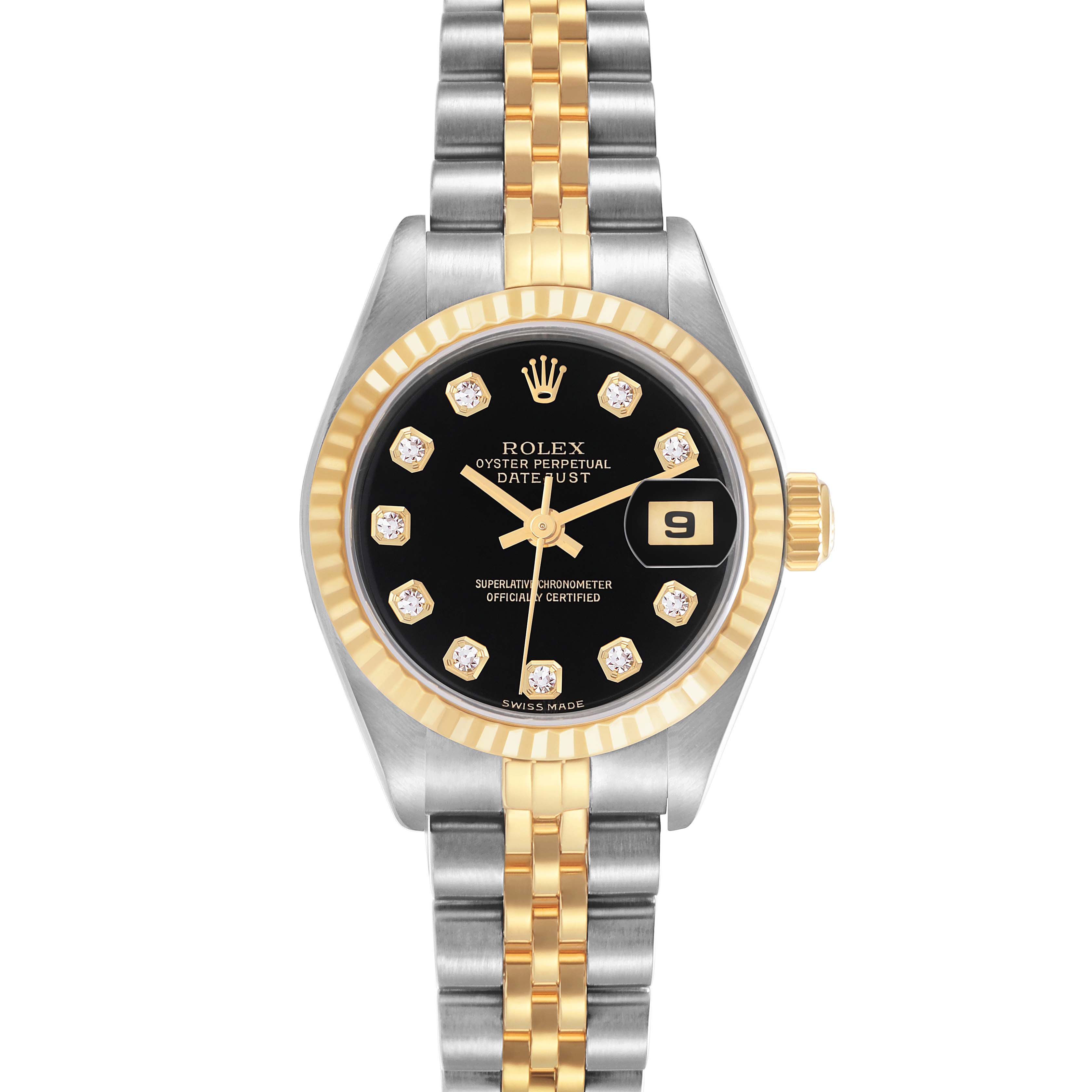 The Rolex Datejust 79173 Women
s Steel and Gold (two tone) Black Dial 79173 Women
s Steel and Gold (two tone) Black Dial watch is shown from a top-down angle, highlighting the dial, bezel, and bracelet.