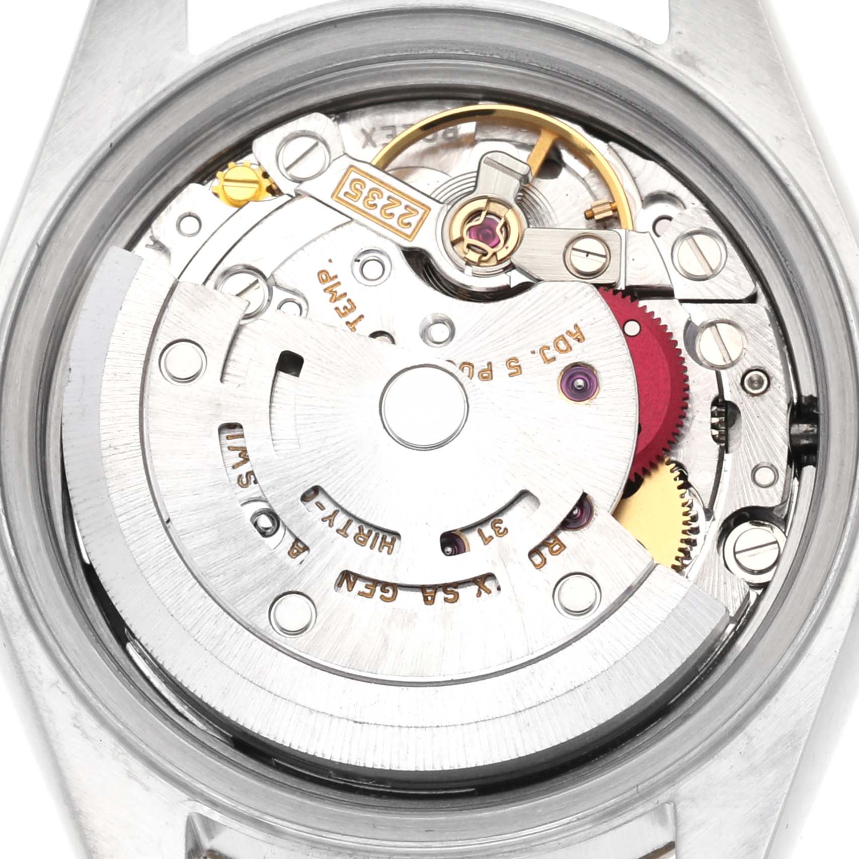 The image shows the movement mechanism of a Rolex Datejust 79173 Women
s Steel and Gold (two tone) Black Dial 79173 Women
s Steel and Gold (two tone) Black Dial watch from a top-down angle.