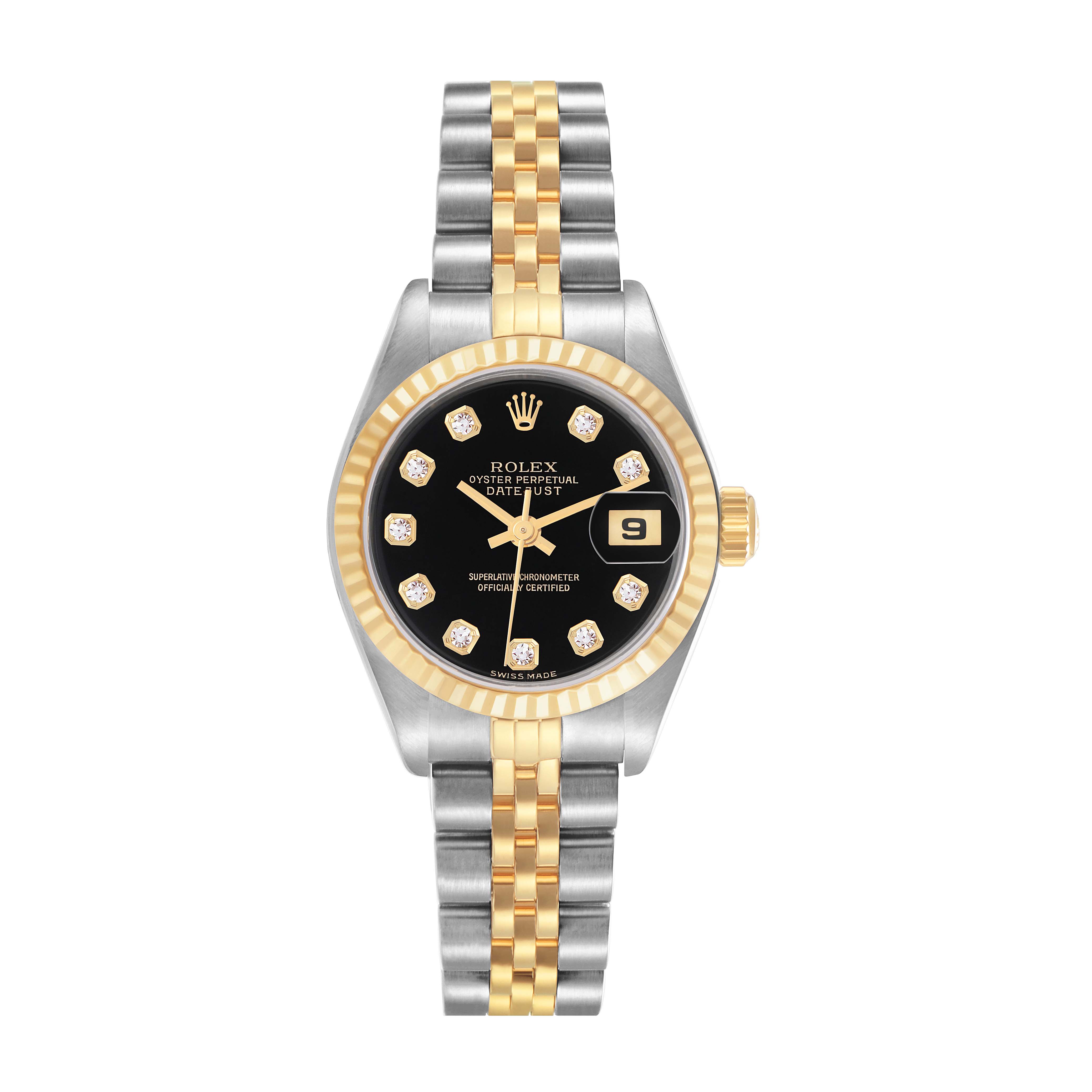 The Rolex Datejust 79173 Women
s Steel and Gold (two tone) Black Dial 79173 Women
s Steel and Gold (two tone) Black Dial watch is shown from a top-down angle, highlighting the dial, two-tone bracelet, and bezel.