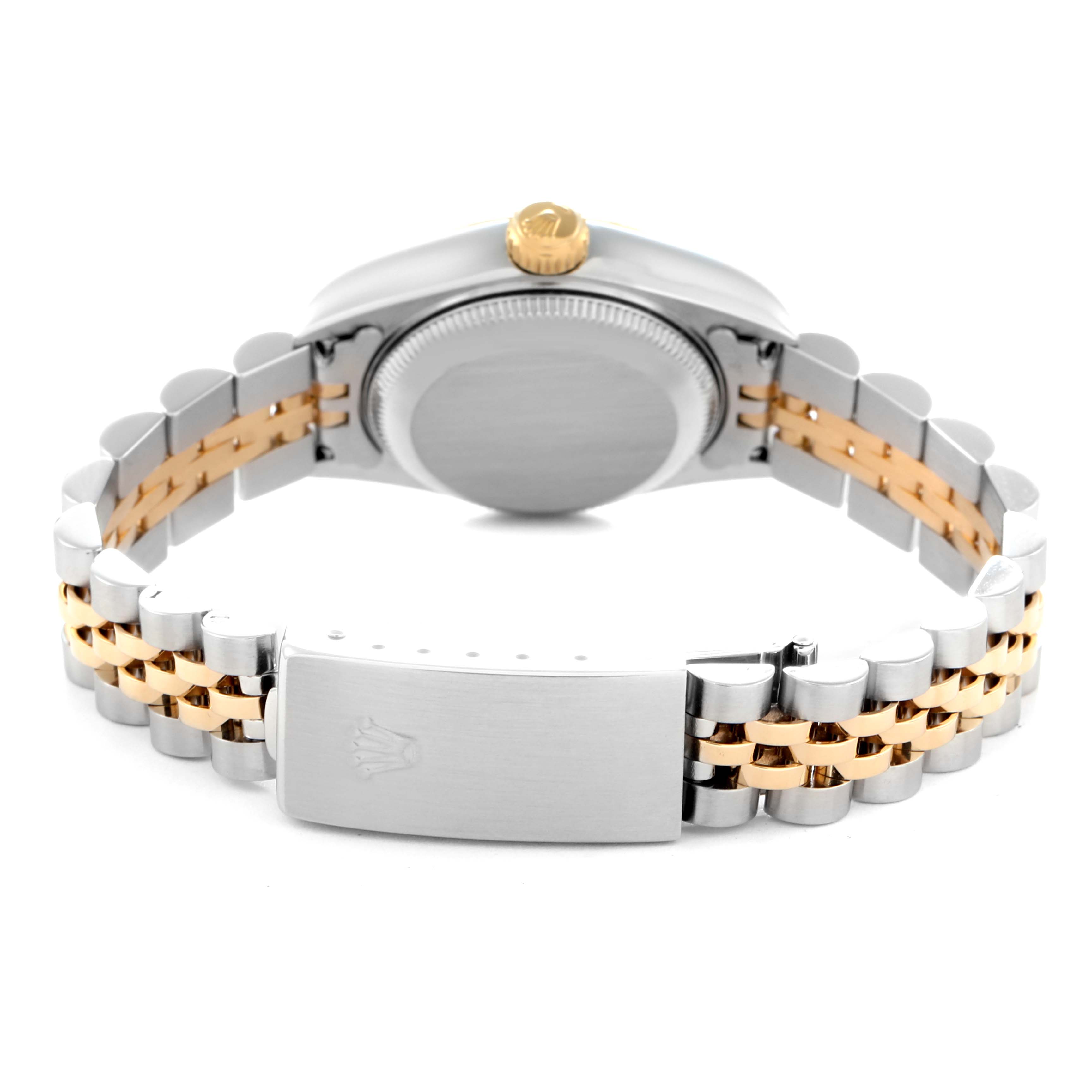 The image shows the back and clasp of a Rolex Datejust 79173 Women
s Steel and Gold (two tone) Black Dial 79173 Women
s Steel and Gold (two tone) Black Dial, highlighting the bracelet and crown.