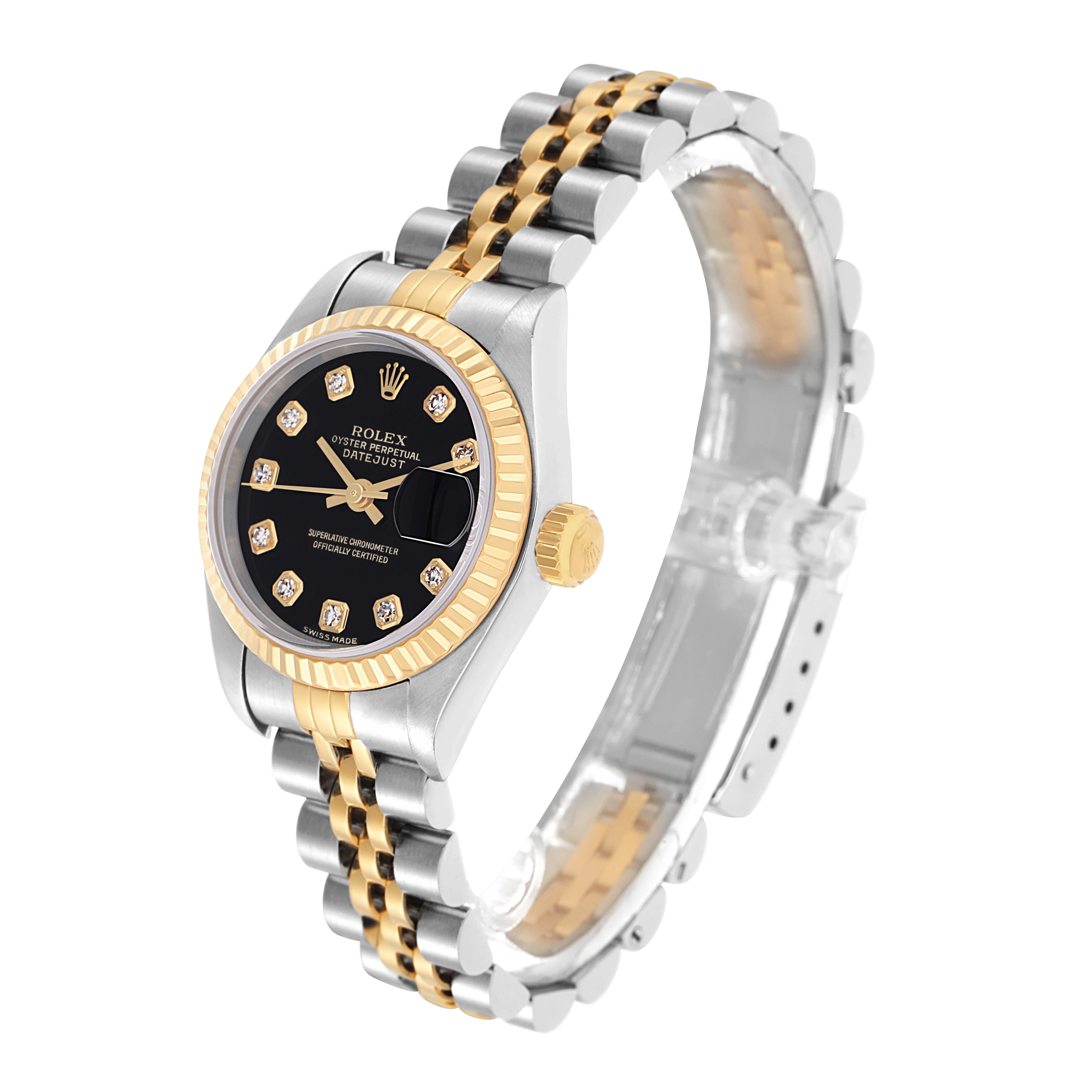 The Rolex Datejust 79173 Women
s Steel and Gold (two tone) Black Dial 79173 Women
s Steel and Gold (two tone) Black Dial watch is shown from a slightly angled side view, highlighting the dial, bezel, and two-tone bracelet.