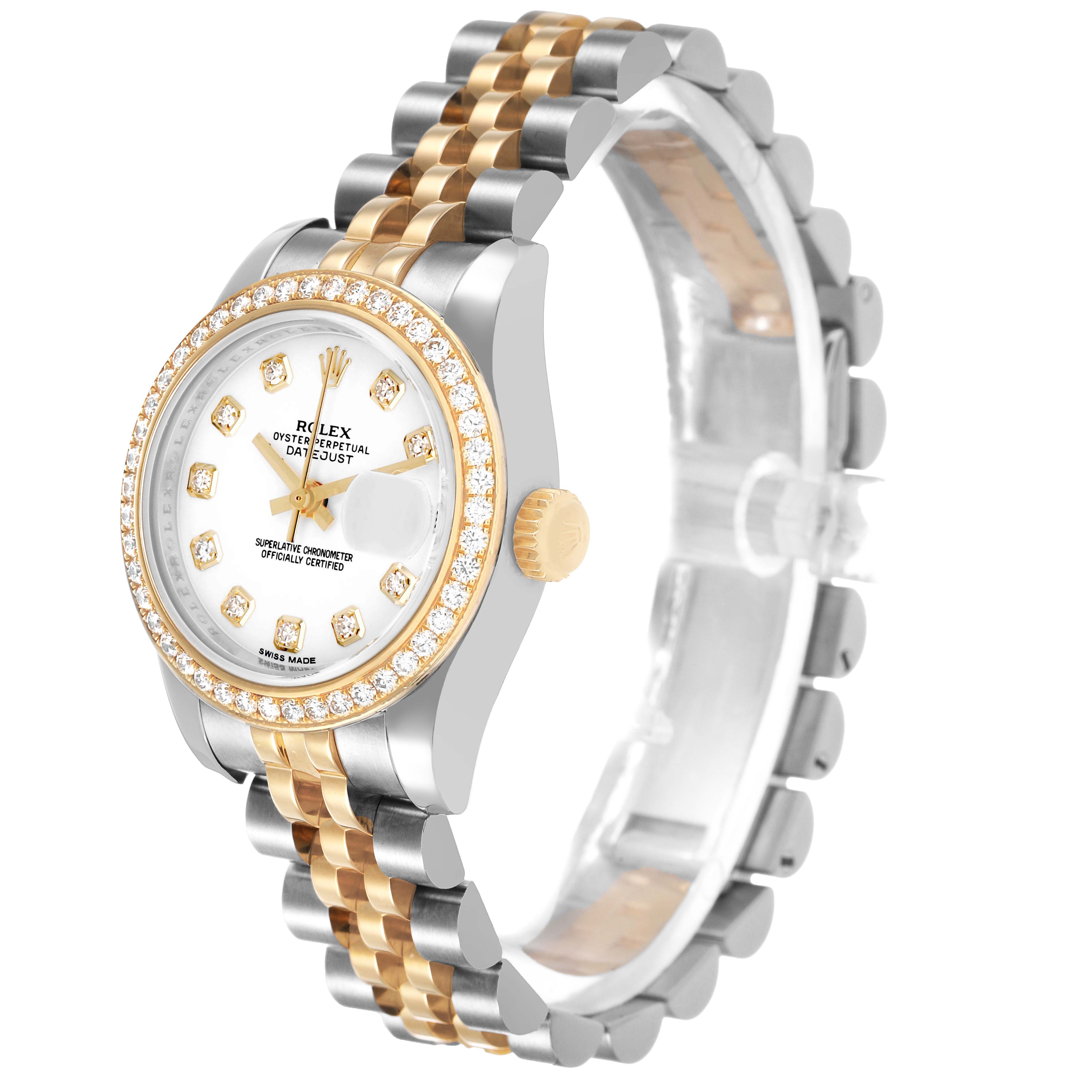 The Rolex Datejust 179383 Women's Steel and Gold (two tone) White Dial watch is shown at an angle highlighting the face, bezel, and bracelet.
