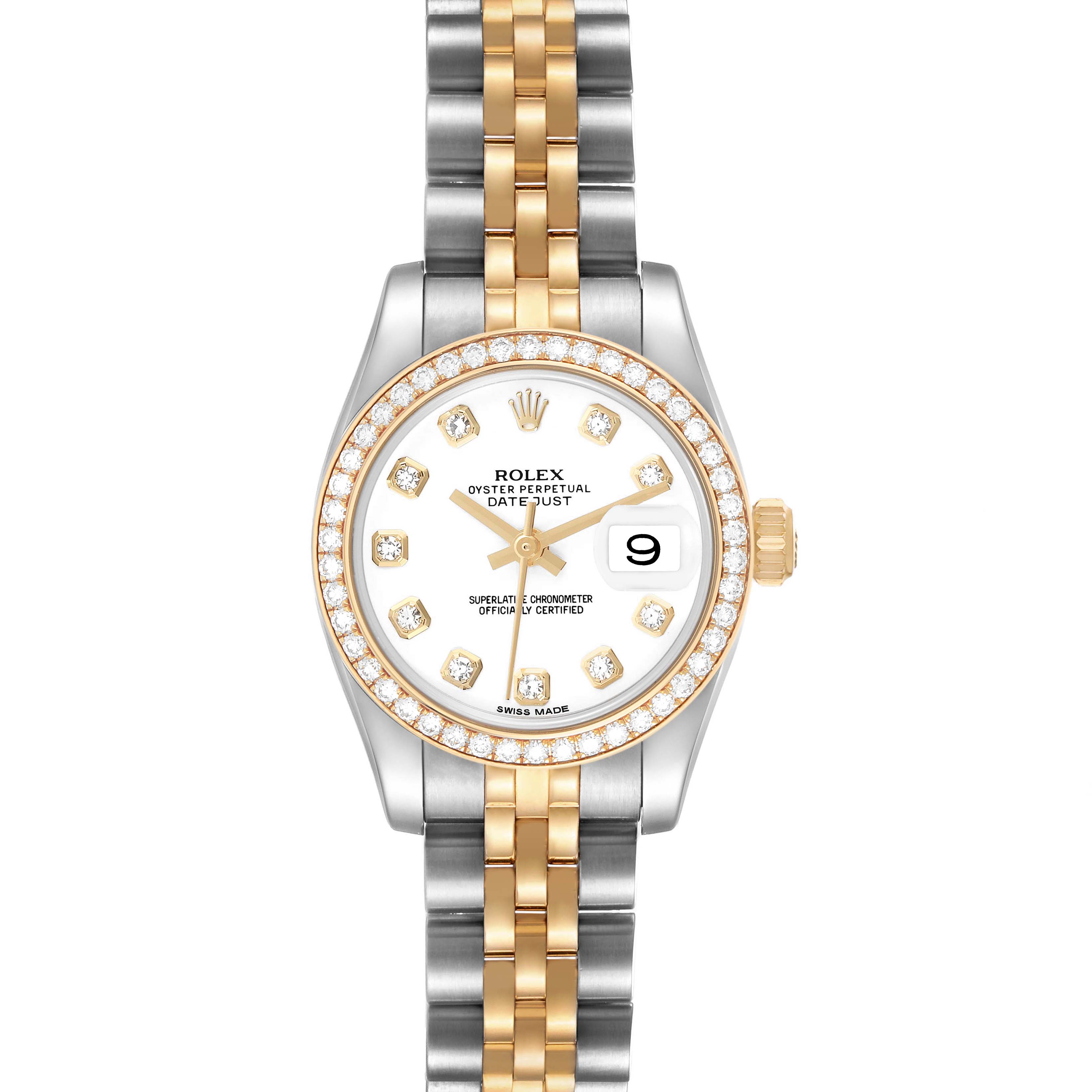 The image shows a Rolex Datejust 179383 Women's Steel and Gold (two tone) White Dial watch from a front view, highlighting the two-tone bracelet, diamond bezel, and dial.